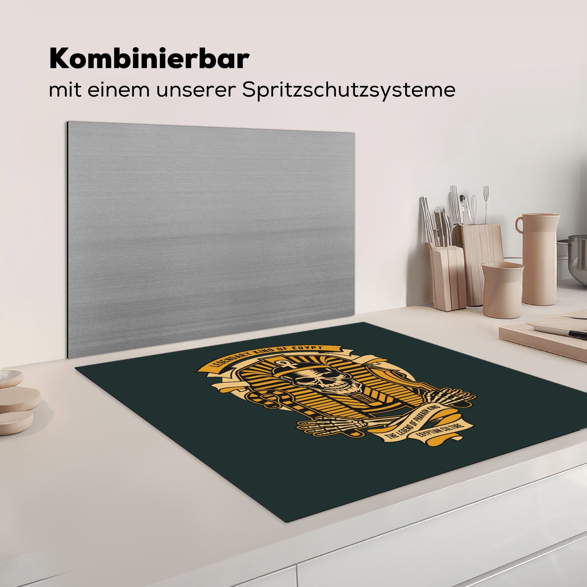 cm, küche Arbeitsplatte (1 - MuchoWow Herdblende-/Abdeckplatte Vinyl, - 78x78 Ceranfeldabdeckung, - tlg), für Retro, Pharao Ägypten Skelett