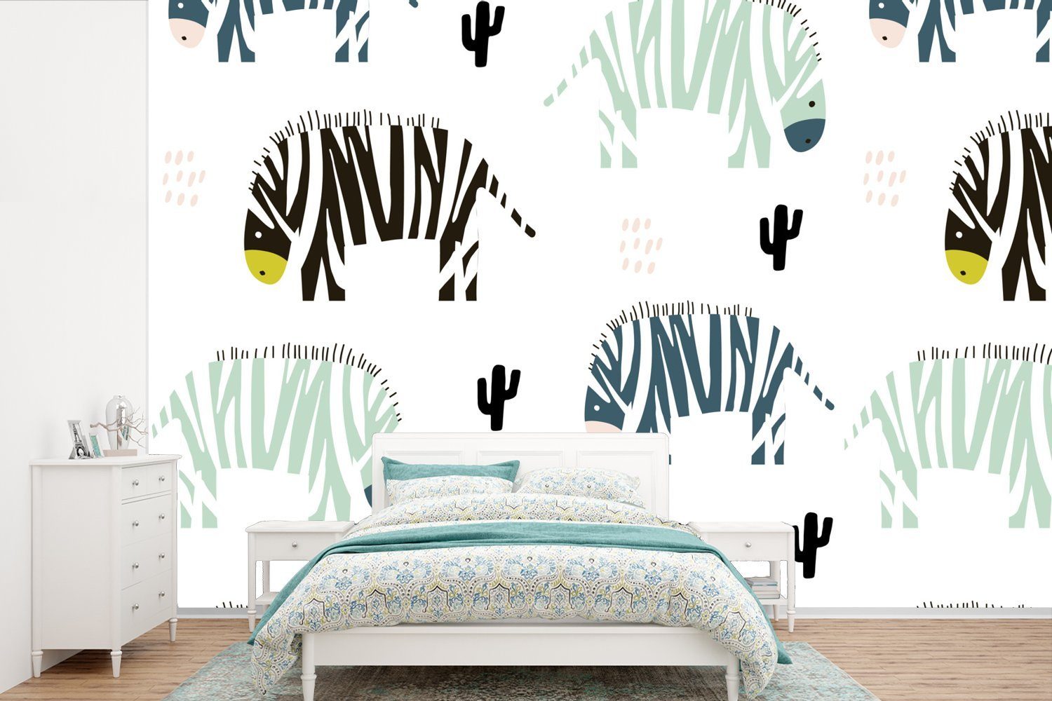 MuchoWow Fototapete Zebra - Farben - Kaktus - Weiß, Matt, bedruckt, (6 St), Wallpaper für Wohnzimmer, Schlafzimmer, Kinderzimmer, Vinyl Tapete