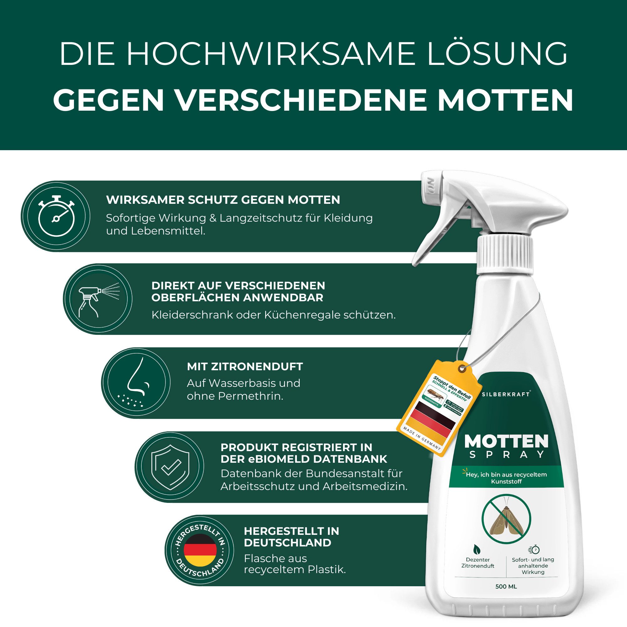 Silberkraft Insektenspray Silberkraft Mottenspray gegen Kleider- und Lebensmittelmotten, 500 ml, Effektiver Schutz vor Motten, Made in Germany, Einfache Anwendu – Bild 5 von 5