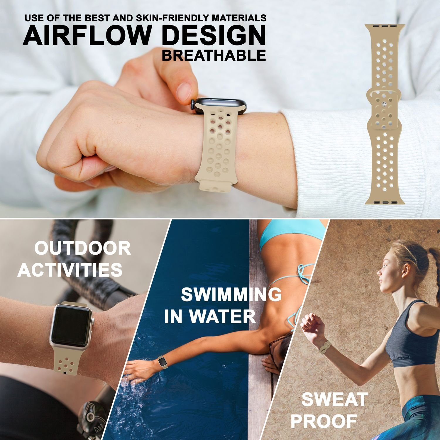 Nalia Smartwatch-Armband / / 42mm/44mm/45mm/49mm, für Sport Watch Apple Silikon Ersatzband Gelochtes Uhr Beige Atmungsaktiv Fitness