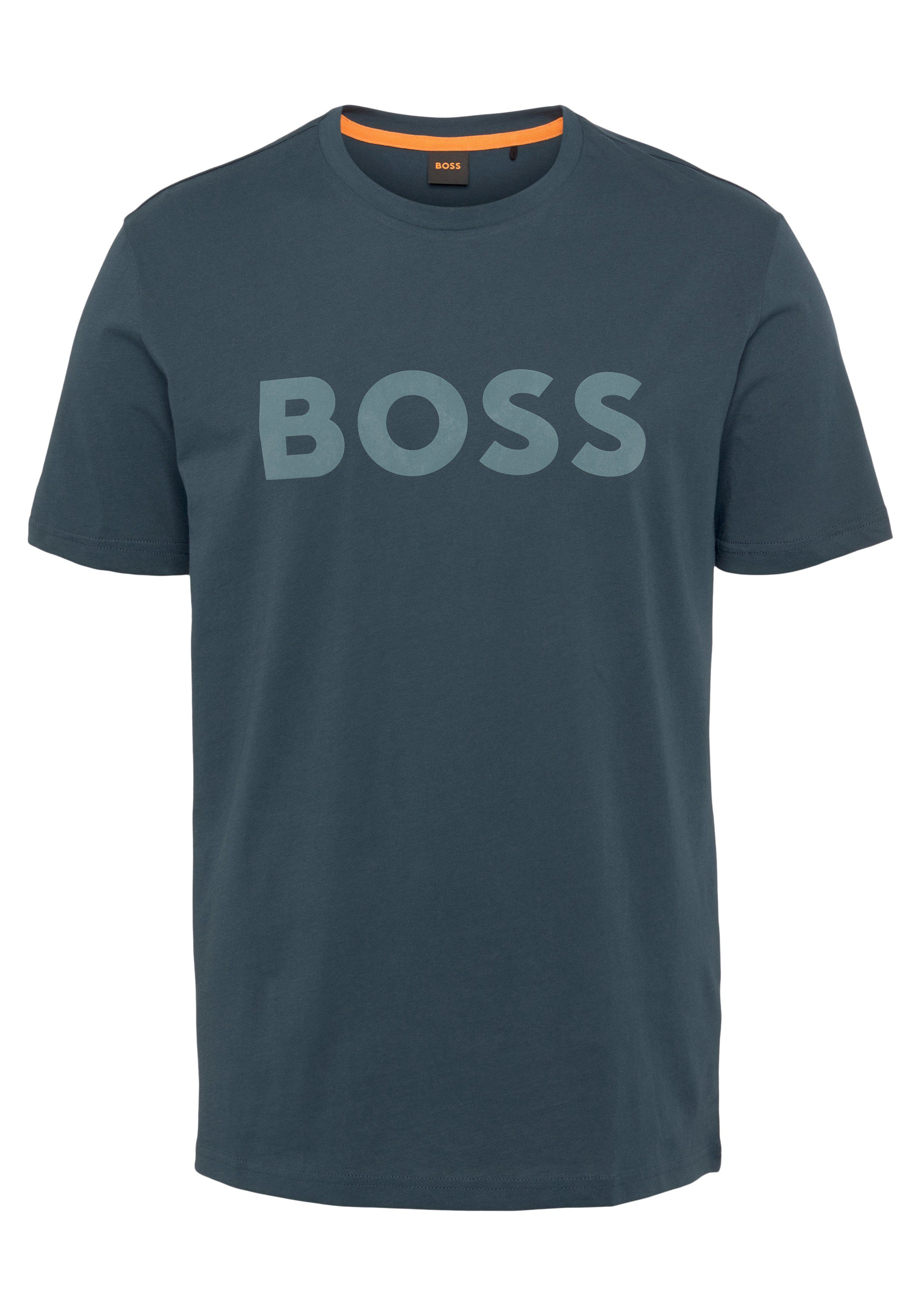 BOSS ORANGE T-Shirt Thinking 1 10246016 01 mit großem BOSS Druck auf der Brust Open Green388