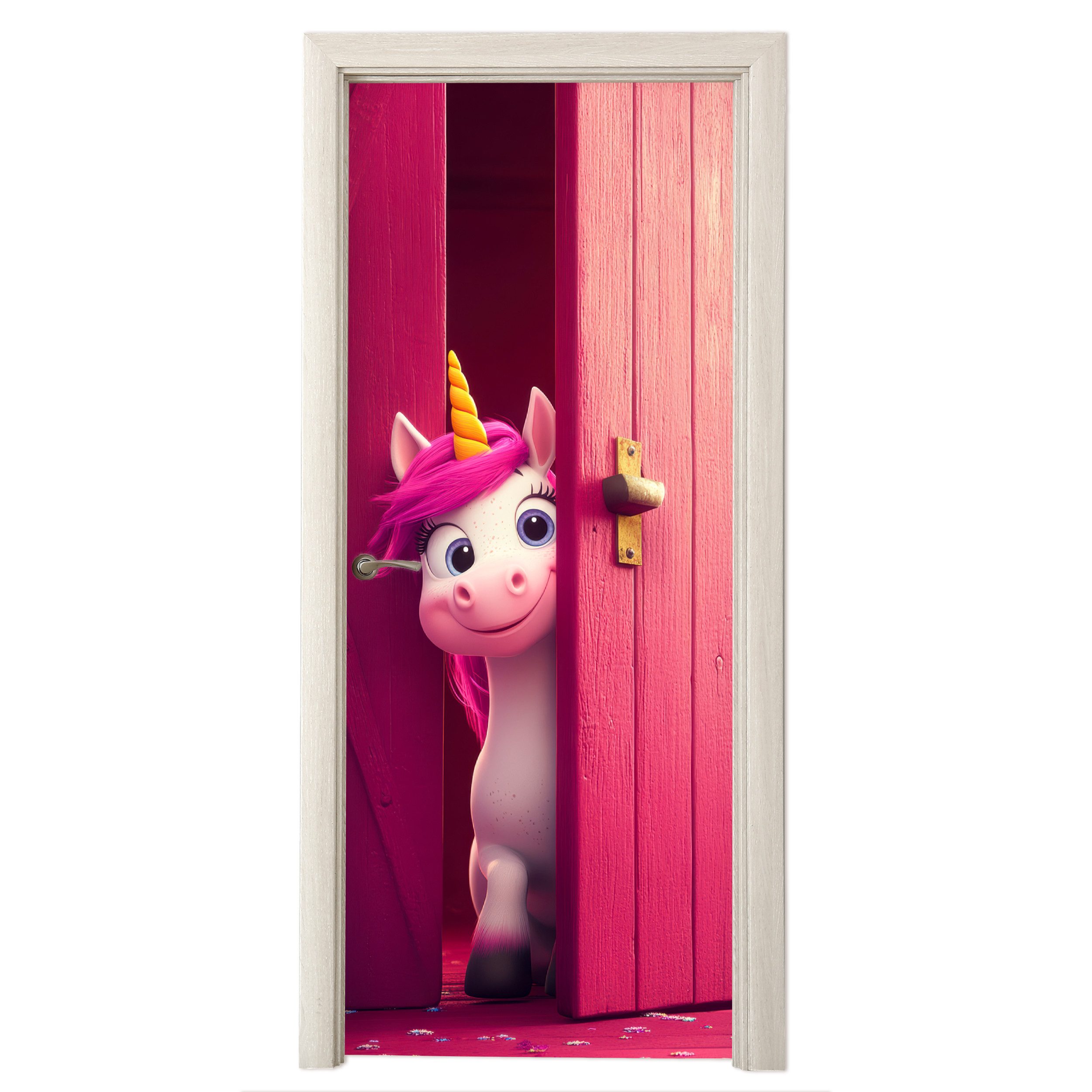 MuchoWow Türtapete Einhorn - Rosa - Tür - Fantasie, Matt, bedruckt, (1 St), Selbstklebende Tapete, Folie für Möbel, 75x205 cm