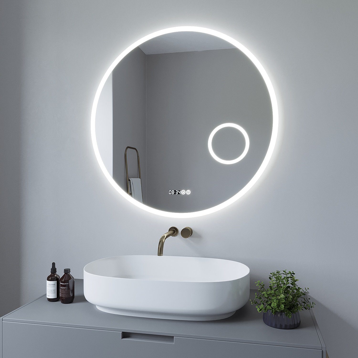 AQUABATOS Wandspiegel Badspiegel mit badezimmerspiegel, 3-fach-Vergrößerung,Kaltweiß,dimmbar,Digitaluhr,beschlagfrei Lichtspiegel Beleuchtung rund Bad