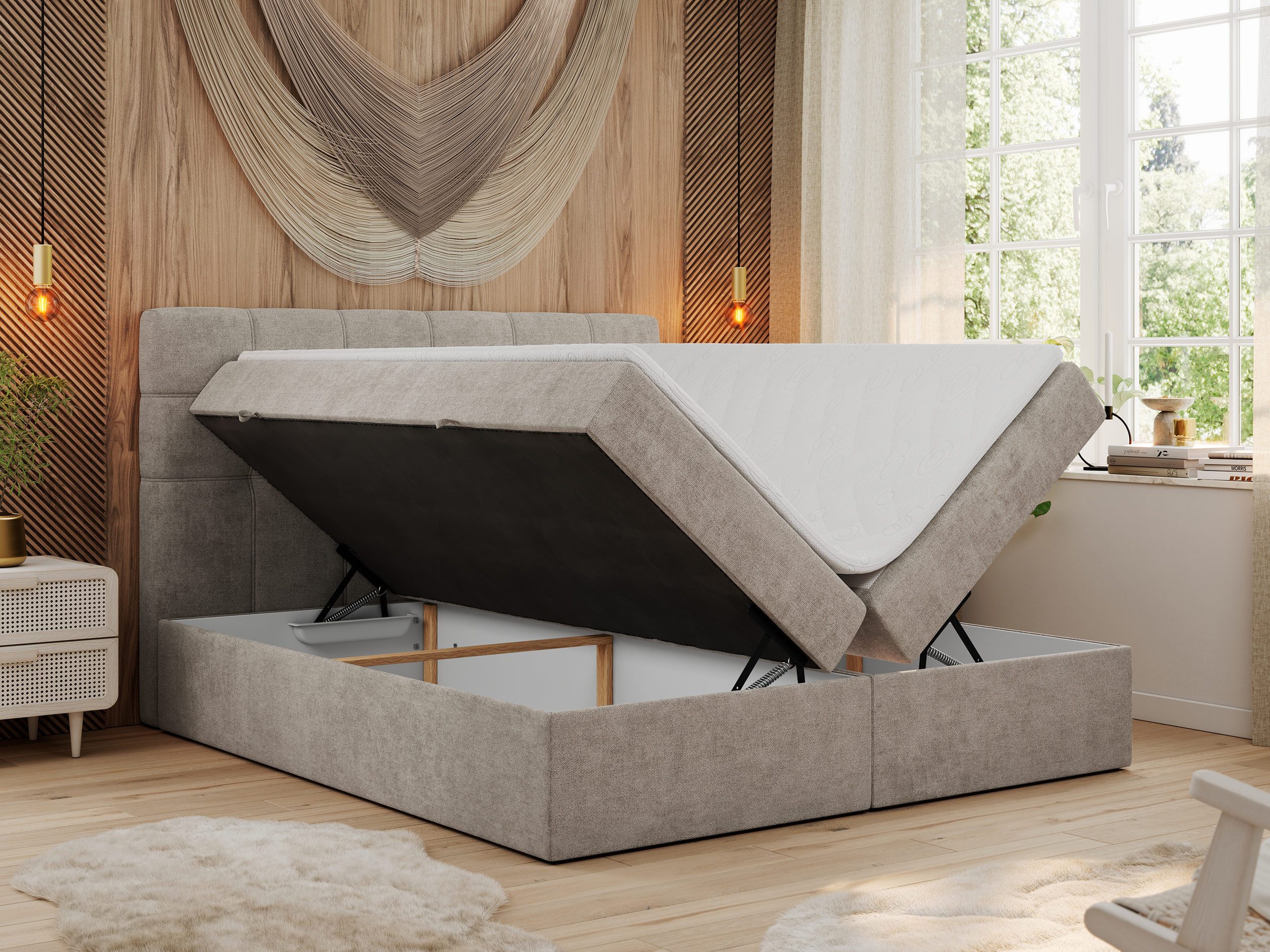 MKS MÖBEL Boxspringbett ERNI (Set, Packung, T30-Schaum, H3-Matratze, 7 Härtezonen, gesteppte Kopfstütze), mit Bettkästen, Doppelbett, Multipocket-Matratzen, Topper T25/Visco