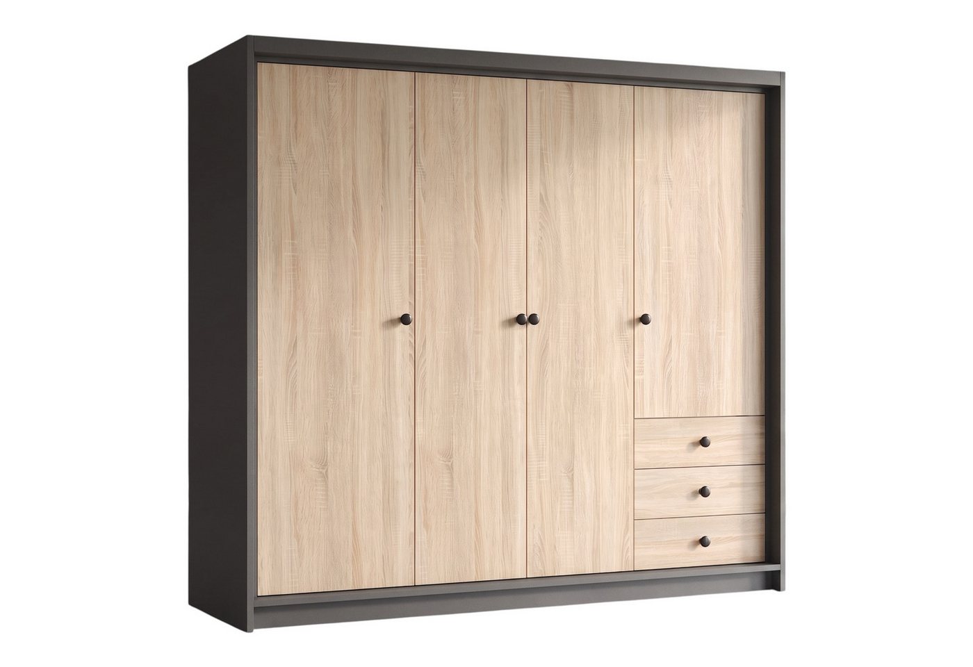 A&J MöbelLand GmbH Drehtürenschrank FALKEN– viertüriger Kleiderschrank 200 cm (Geräumiger viertüriger Kleiderschrank mit Schubladen. Geräumiger Schrank mit einer Breite von 200 cm und Schubladen, ideal zur Aufbewahrung von Kleidung und Accessoires. Viel S