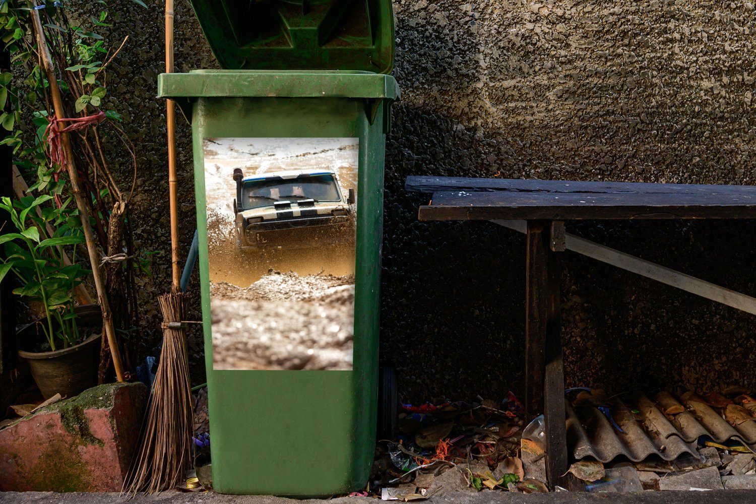 Mülltonne, Schlamm (1 Sticker, Abfalbehälter MuchoWow - Auto - Mülleimer-aufkleber, Wandsticker St), Rennen Container,