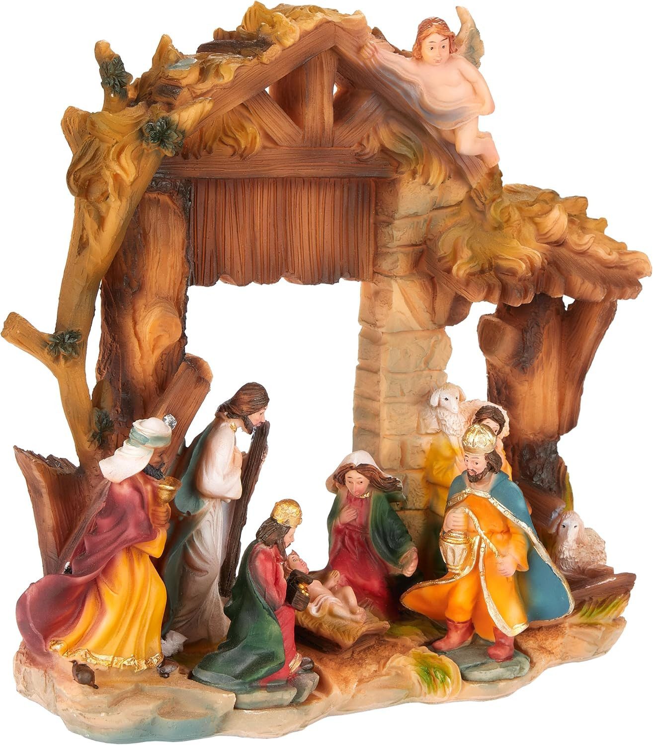 BRUBAKER Krippenfigur Weihnachtskrippe - Jesus, Maria, Josef und die Könige im Krippenstall (Krippenfigur Tischdekoration - 22 cm, 1 St), Tischkrippe Weihnachtsfigur mit handbemalten Figuren aus Polyresin