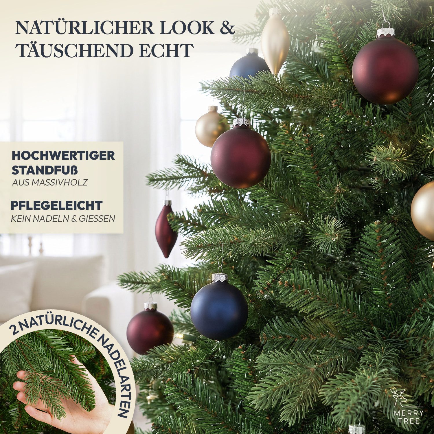 MERRY TREE Künstlicher Weihnachtsbaum Premium künstlicher Weihnachtsbaum aus naturgetreuem PVC + PE, Nordmanntanne, Spritzguss Mix mit massivem Holzfuß, mit und – Bild 2 von 5