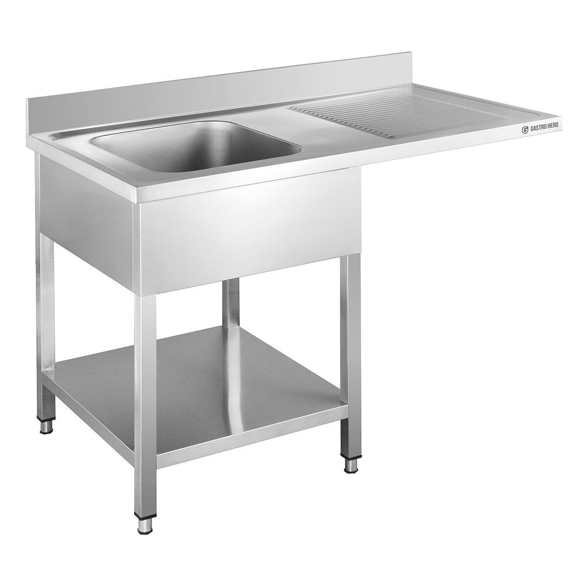 GastroHero Arbeitstisch Spülbecken Edelstahl Gastro 120 cm 1 Becken links mit Ablage, AISI 201, Grundboden, hygienische Verarbeitung