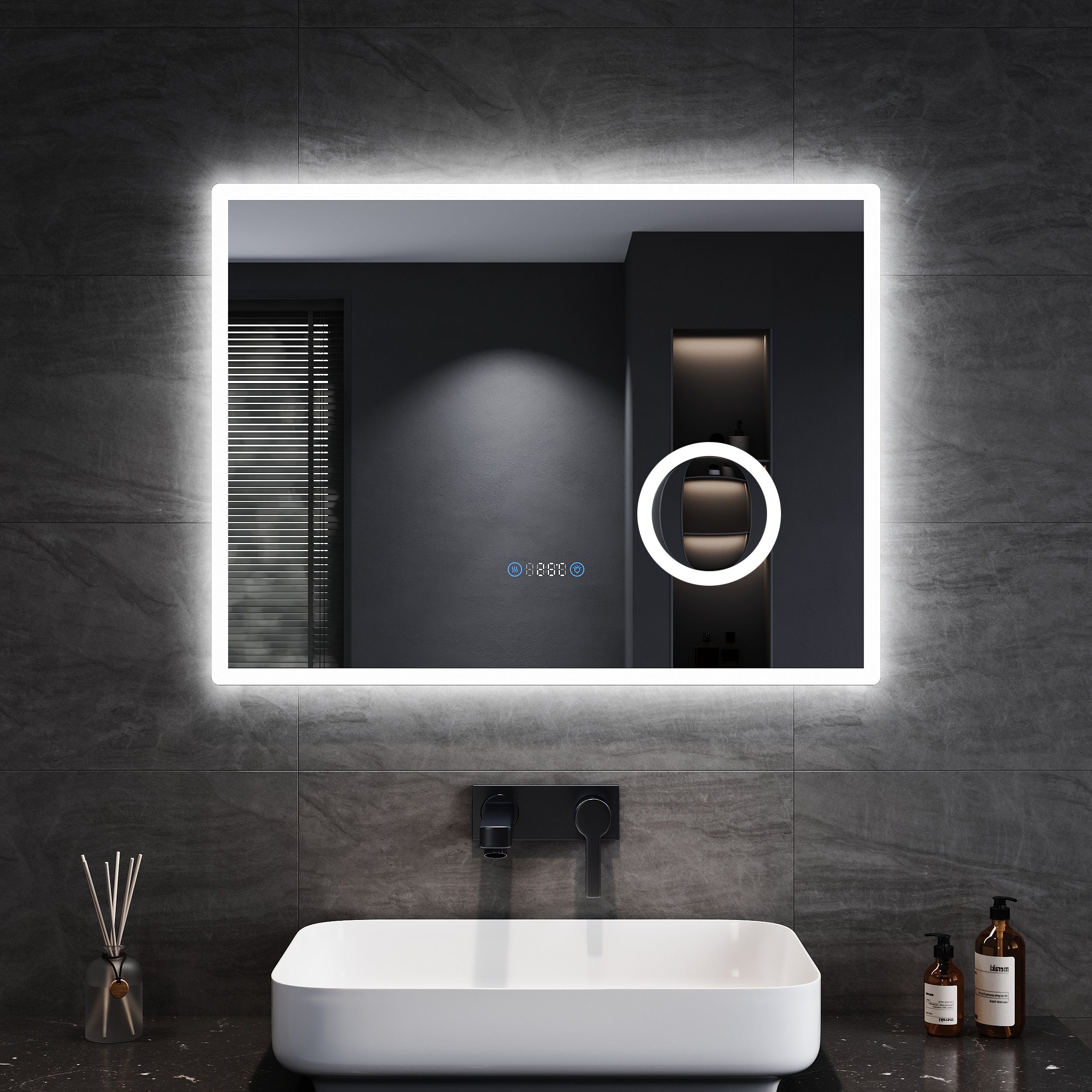 SONNI Badspiegel Badspiegel mit LED Beleuchtung 80/100x60cm mit 3-facher Vergrößerung, mit Touch, Helligkeit einstellbar, Beschlagfrei, Uhr, Temperatur, IP44 | Badspiegel
