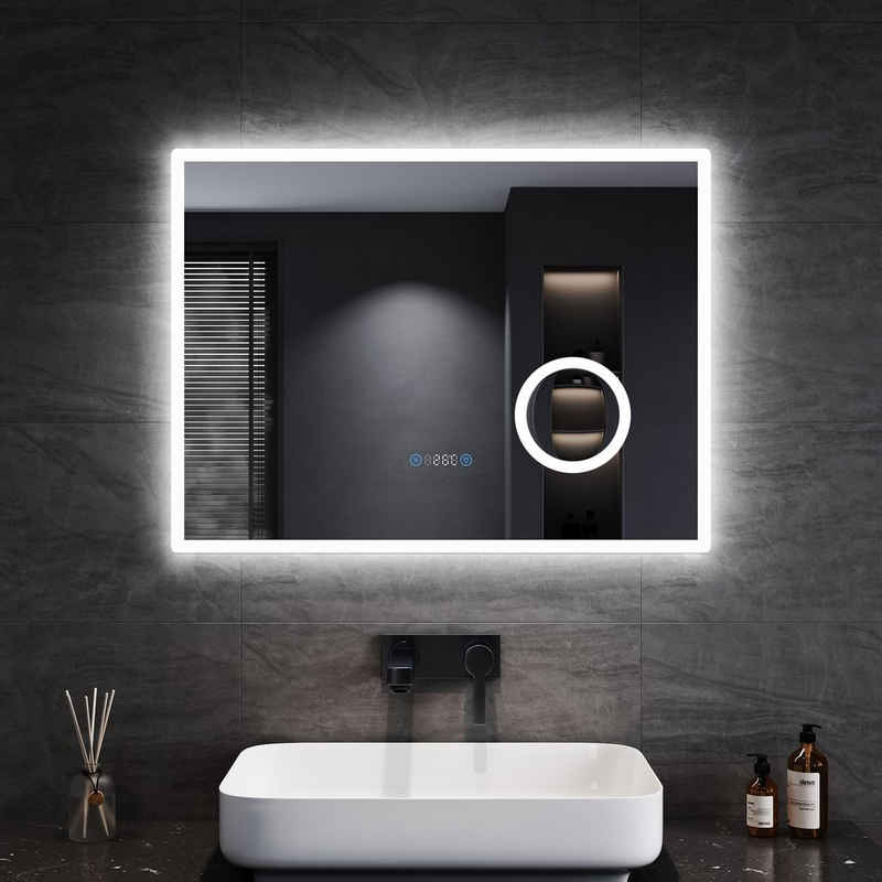 SONNI Badspiegel Badspiegel mit LED Beleuchtung 80/100x60cm mit 3-facher Vergrößerung, mit Touch, Helligkeit einstellbar, Beschlagfrei, Uhr, Temperatur, IP44