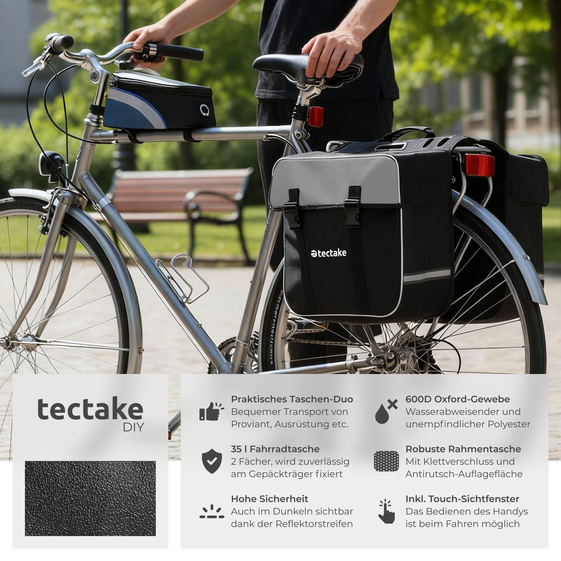 tectake Fahrradtasche fahrradtasche set georg mit gepäckträgertasche und rahmentasche (fahrradtasche GEORG, in schwarz/blau), wasserabweisendes oxford-gewebe – Bild 2 von 5