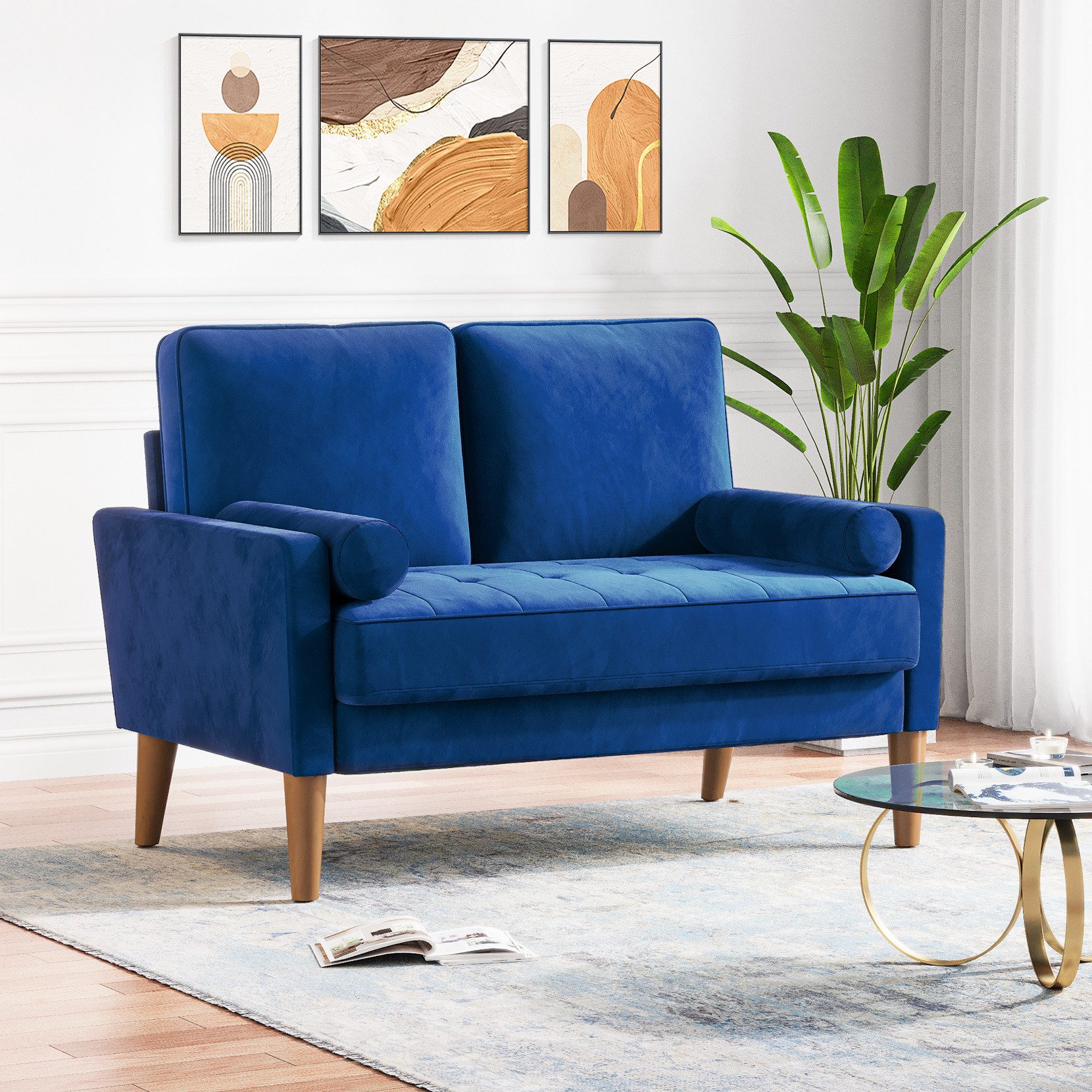 ToteBox 2-Sitzer 121CM Kleine Samt Sofa mit 2 Kissen für Wohnzimmer, Schlafzimmer
