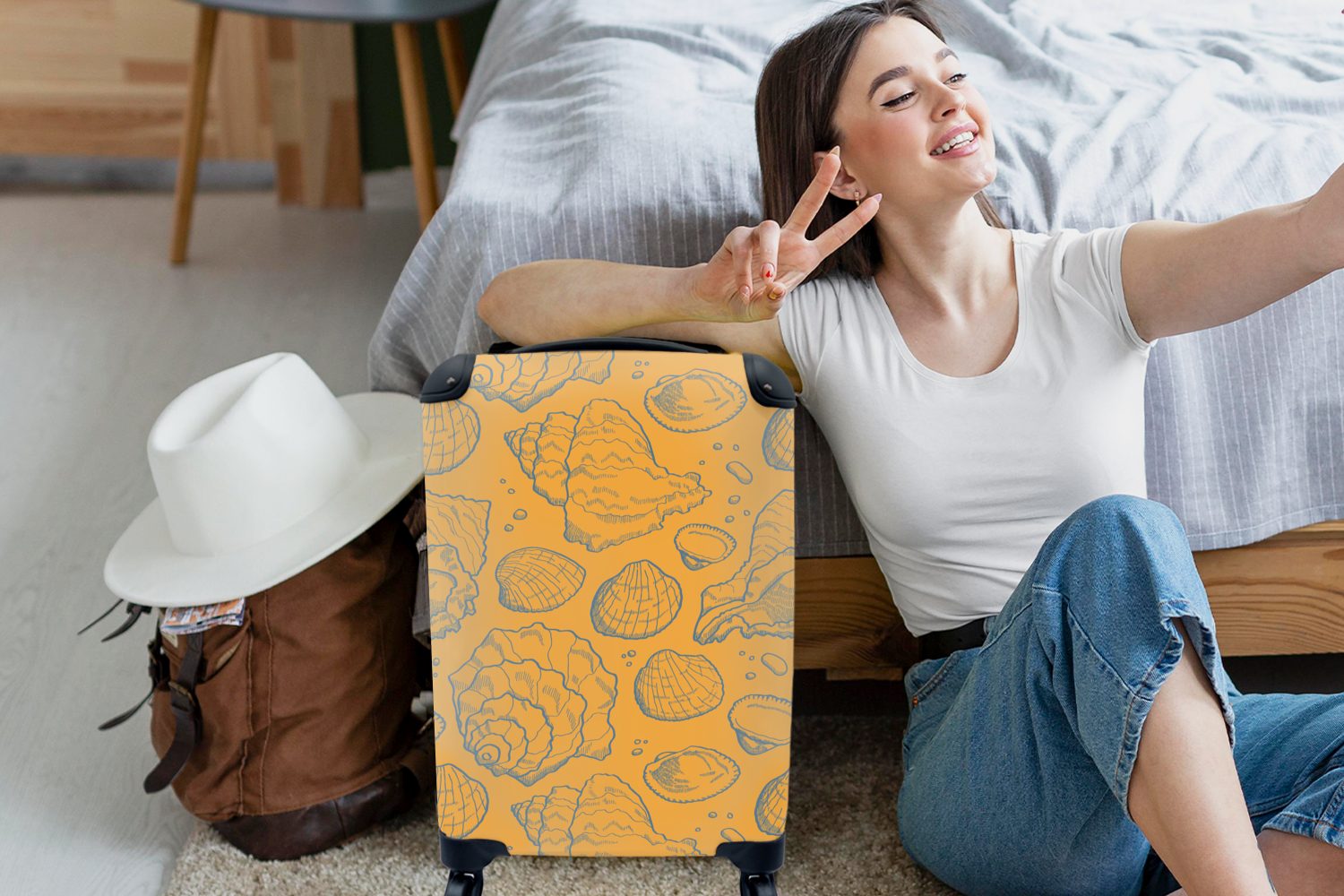 rollen, Handgepäck Reisetasche Orange für - 4 Ferien, Trolley, mit MuchoWow Muscheln - Handgepäckkoffer Muster, Reisekoffer Gelb - Rollen,