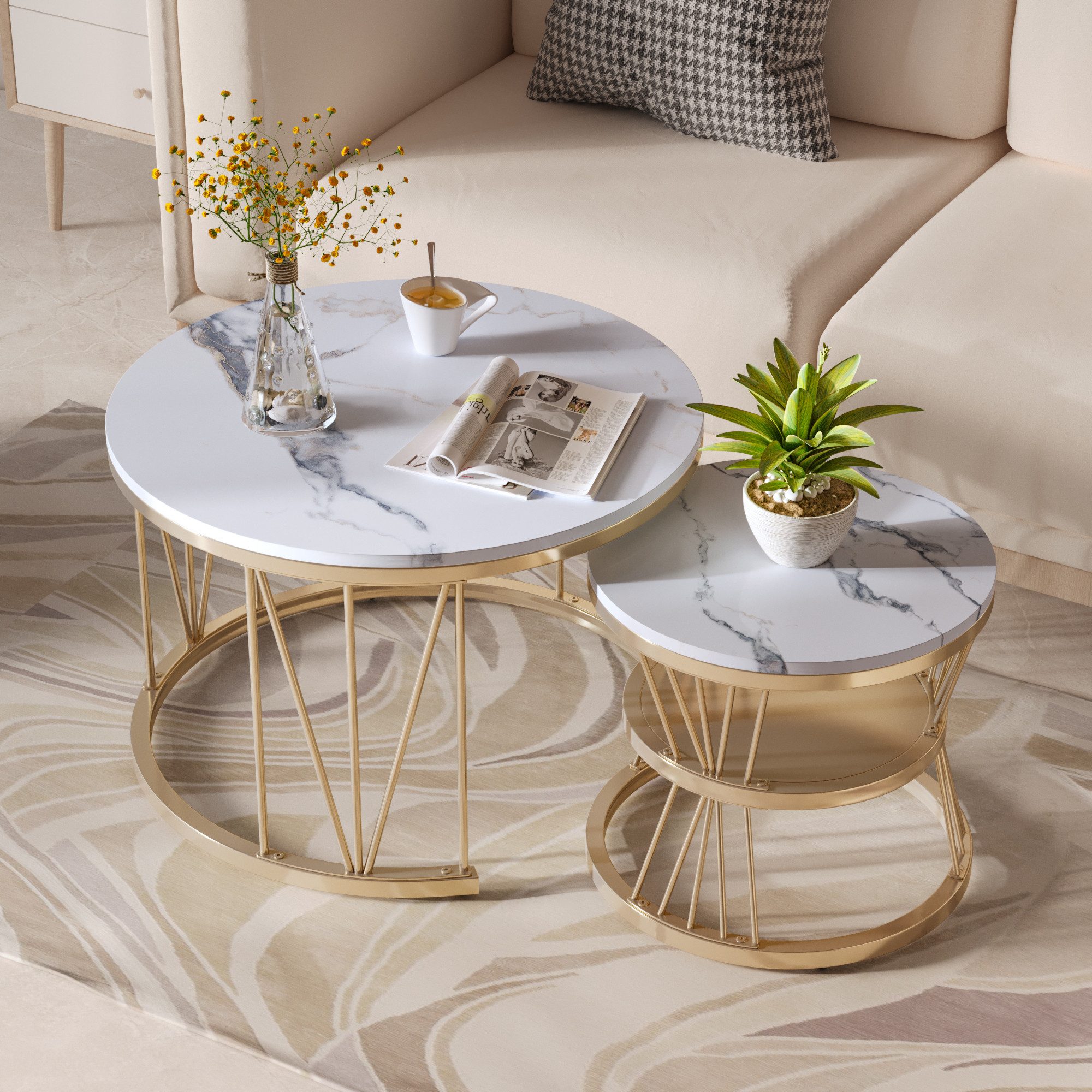 NMCXXO Couchtisch Elegantes 2er Set Couchtische aus Metall und Marmor (2-St., Platzsparendes stapelbares Design), Moderne, robuste Beistelltische im industriell – Bild 3 von 5
