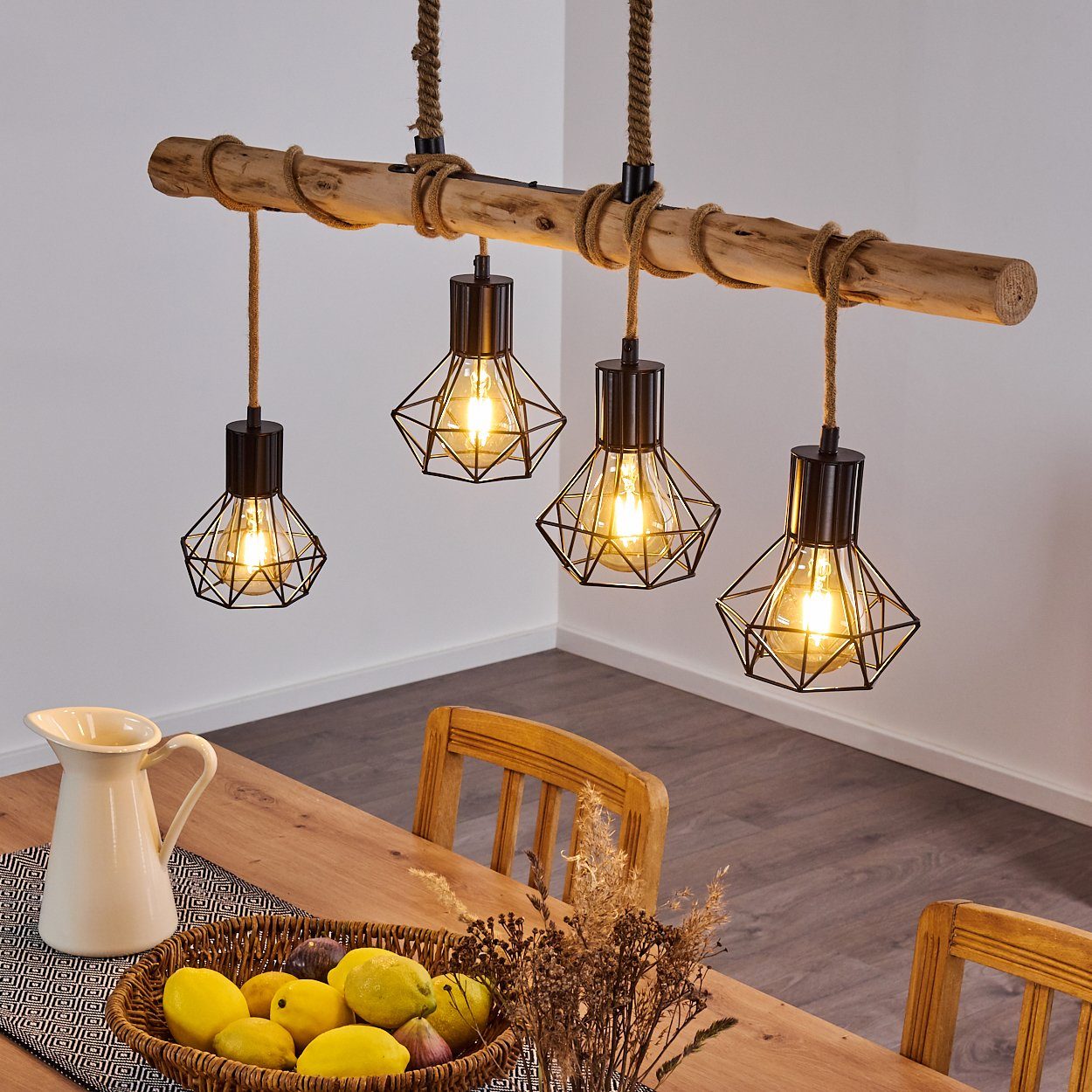 hofstein Pendelleuchte »Pomari« Hängelampe aus Metall/Holz/Kordel in Schwarz/Natur, ohne Leuchtmittel, 4xE27, mit Holzbalken im Retro/Vintage-Design, Höhe max.  – Bild 3 von 5