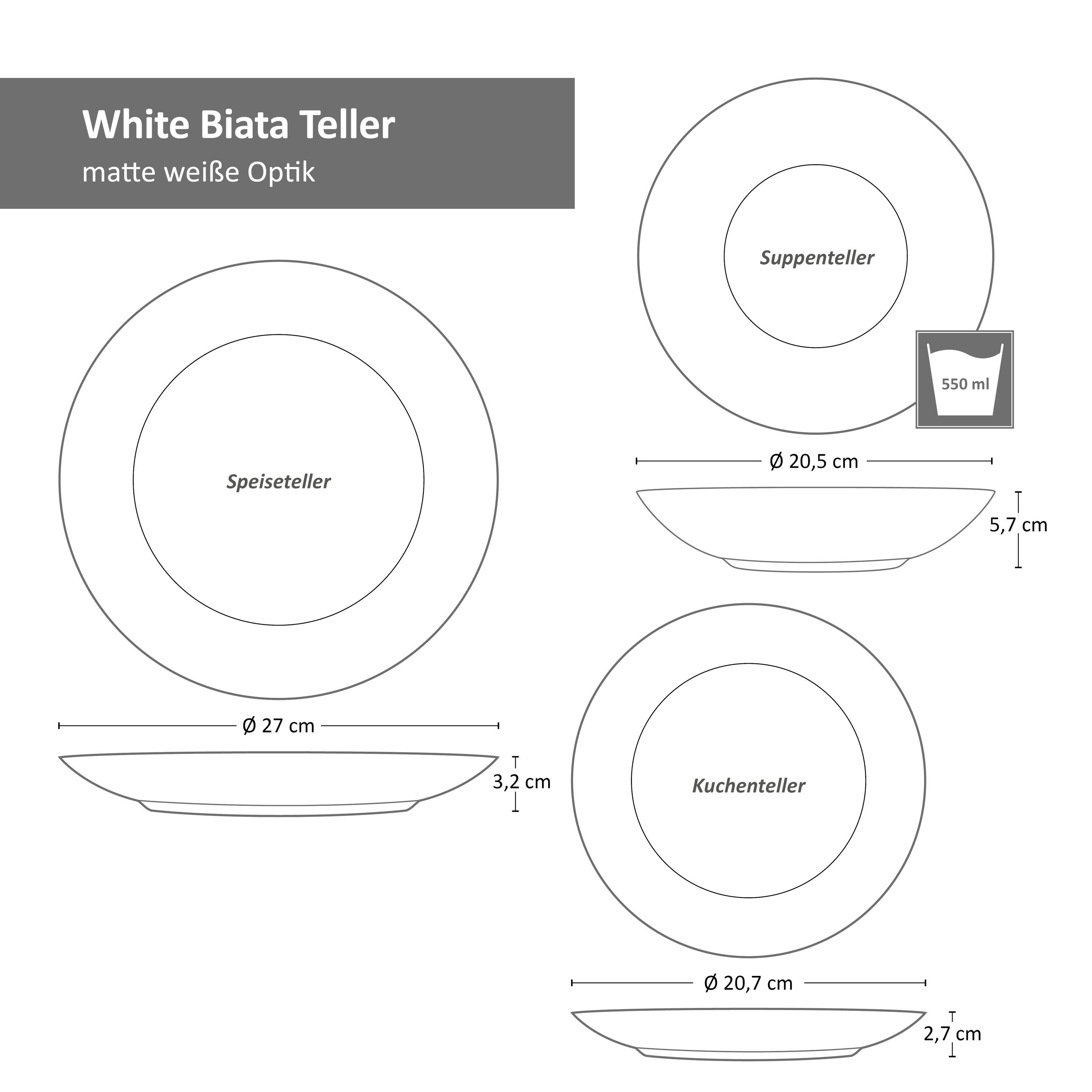 Steingut 18tlg. weiß 6 Teller-Set matt Biata MamboCat Tellerset White Personen für