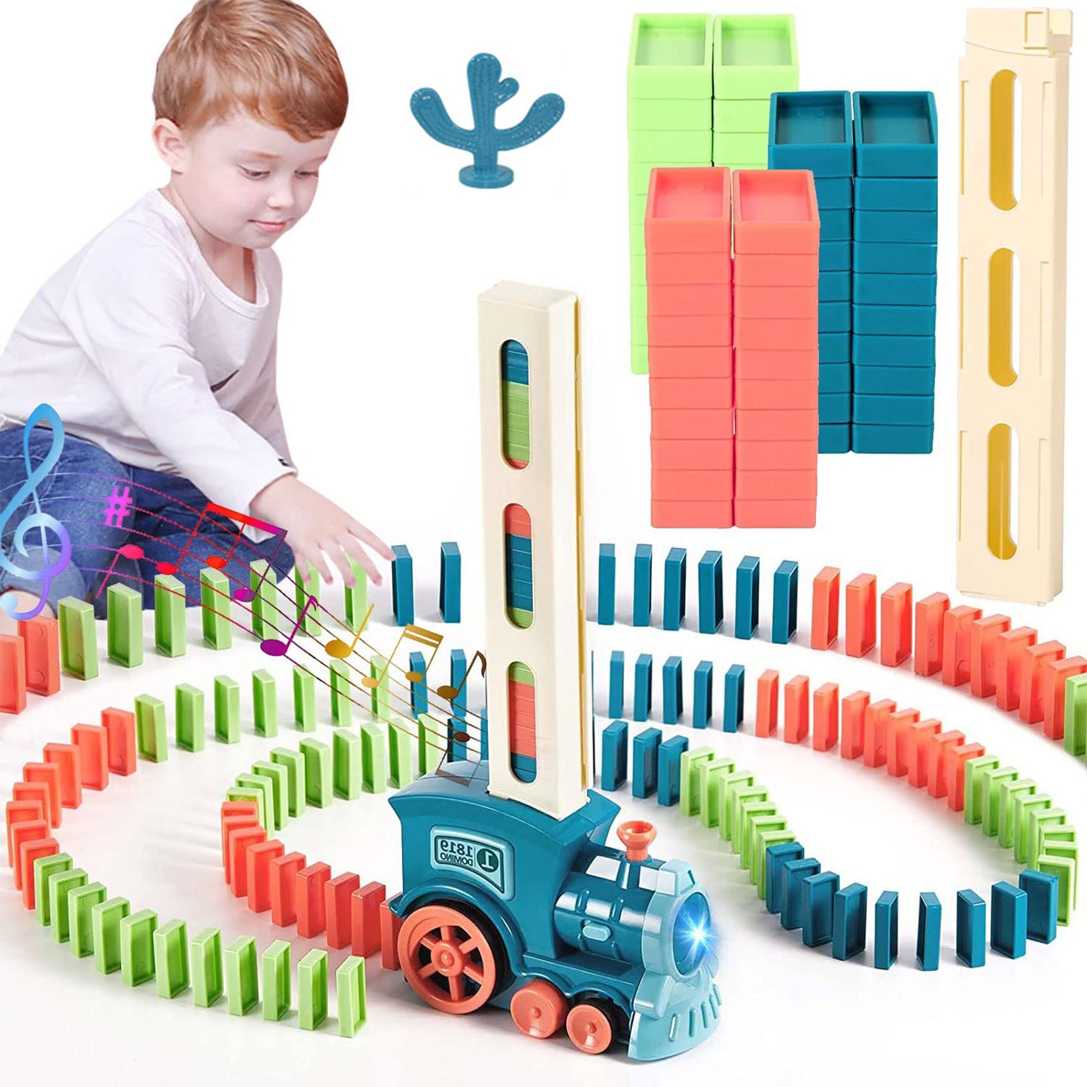 Kind Ja Lernspielzeug Domino-Spielzeugset, Stapelspielzeug, automatischer Domino-Zug,Schiene, Lernspielzeug für Kinder, 60 pcs Domino-Zug mit Lichtern und Musik
