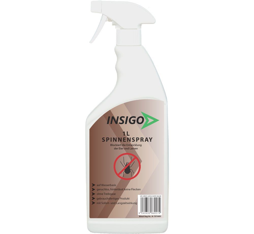 INSIGO Insektenspray Spinnen-Spray Hochwirksam gegen Spinnen, 1 l, auf Wasserbasis, geruchsarm, brennt / ätzt nicht, mit Langzeitwirkung