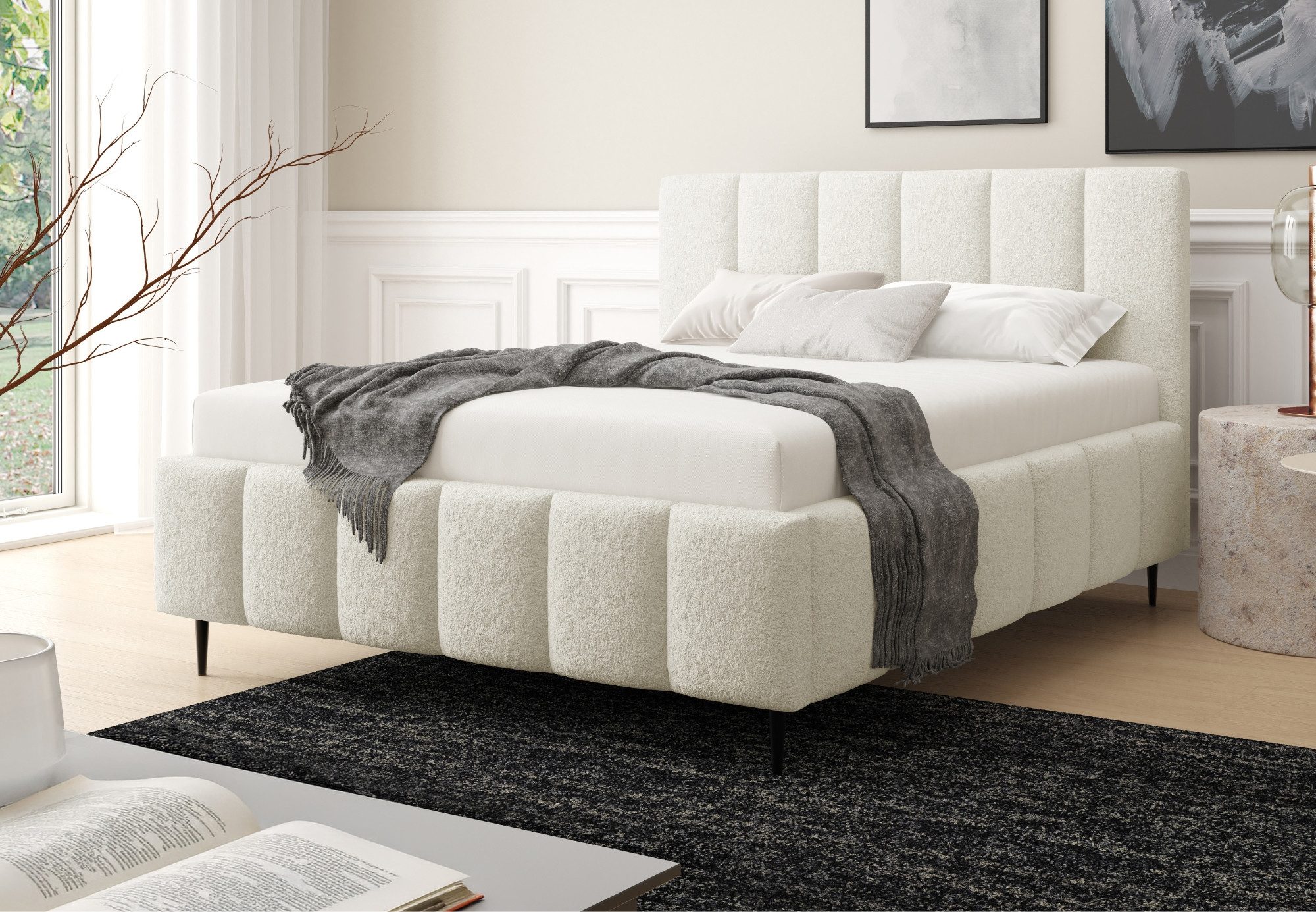 Home Collective Polsterbett Bett mit Stauraum Doppelbett Bettgestell mit Lattenrost (Größen: 140x200, 160x200, 180x200), weich gepolstert modernes Design mit Bettfüßen Creme