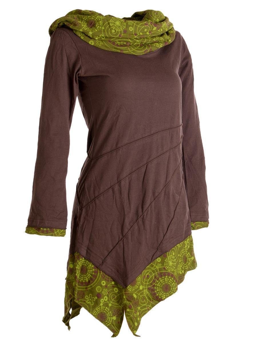 dunkelbraun Boho Style mit Asymmetrisches Hippie, Baumwolle Schalkragen Jerseykleid aus Vishes Ethno, Goa, Kleid