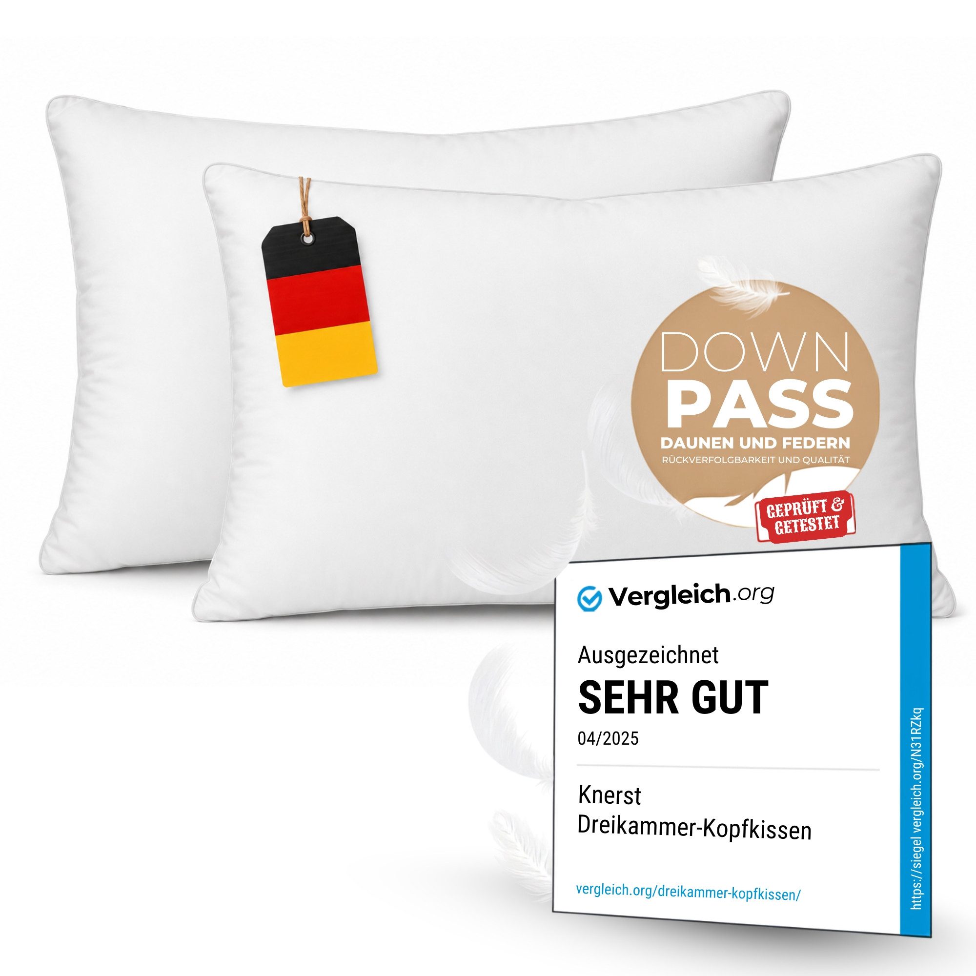 KNERST Daunenkissen hypoallergenen, bei 60°C waschbar, Füllung: 90% Daunen, 10% Federn, Seitenschläfer, Bauchschläfer, Rückenschläfer, 2er Set, 3 Kammer, 40x80cm, Luxusqualität Daunenkopfkissen, Allergiker geeignet
