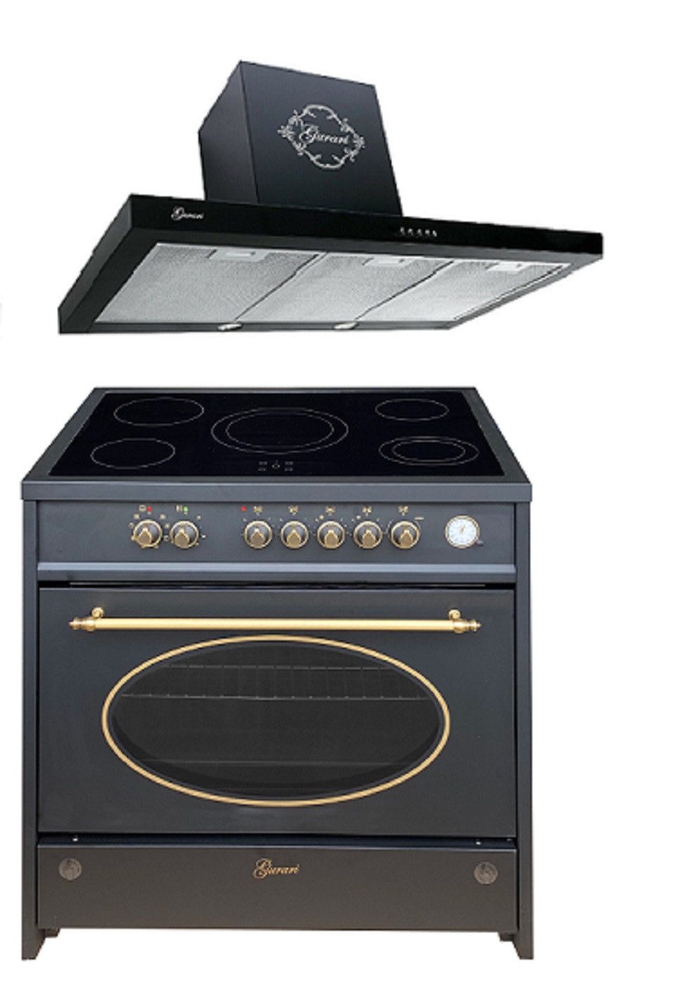 GURARI Elektro-Standherd Retro Glaskeramik Herd 90 cm Schwarz Range Cooker Elektro XXL Backofen 121 L mit Dunstabzugshaube 90 cm GCH E 912 BL r+GCH F 461 BL 9., mit 1-fach-Teleskopauszug