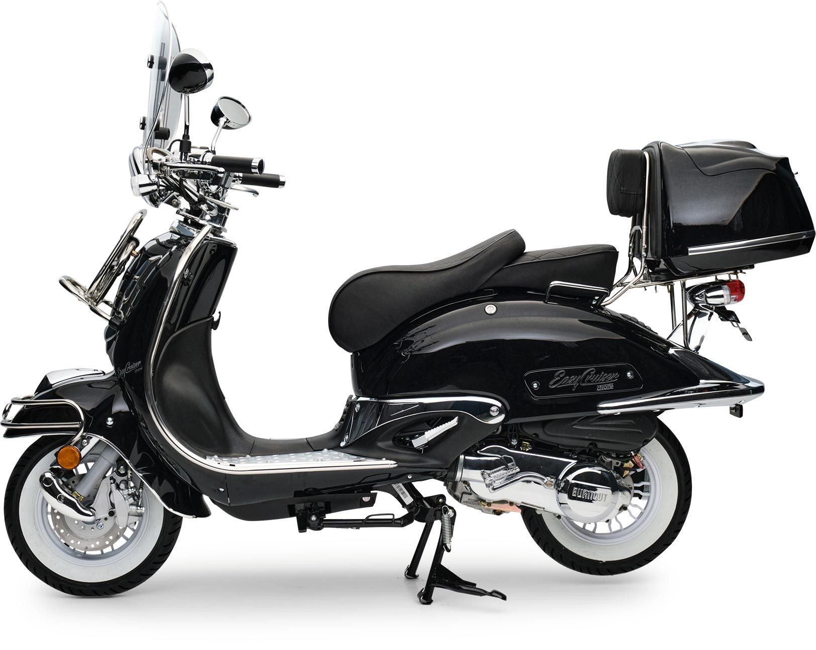 Burnout Motorroller EasyCruiser Chrom Schwarz, 50 ccm, 45 km/h, Euro 5, LED Beleuchtung, Digitales Tacho, Retro, mit Windschild & Topcase, USB