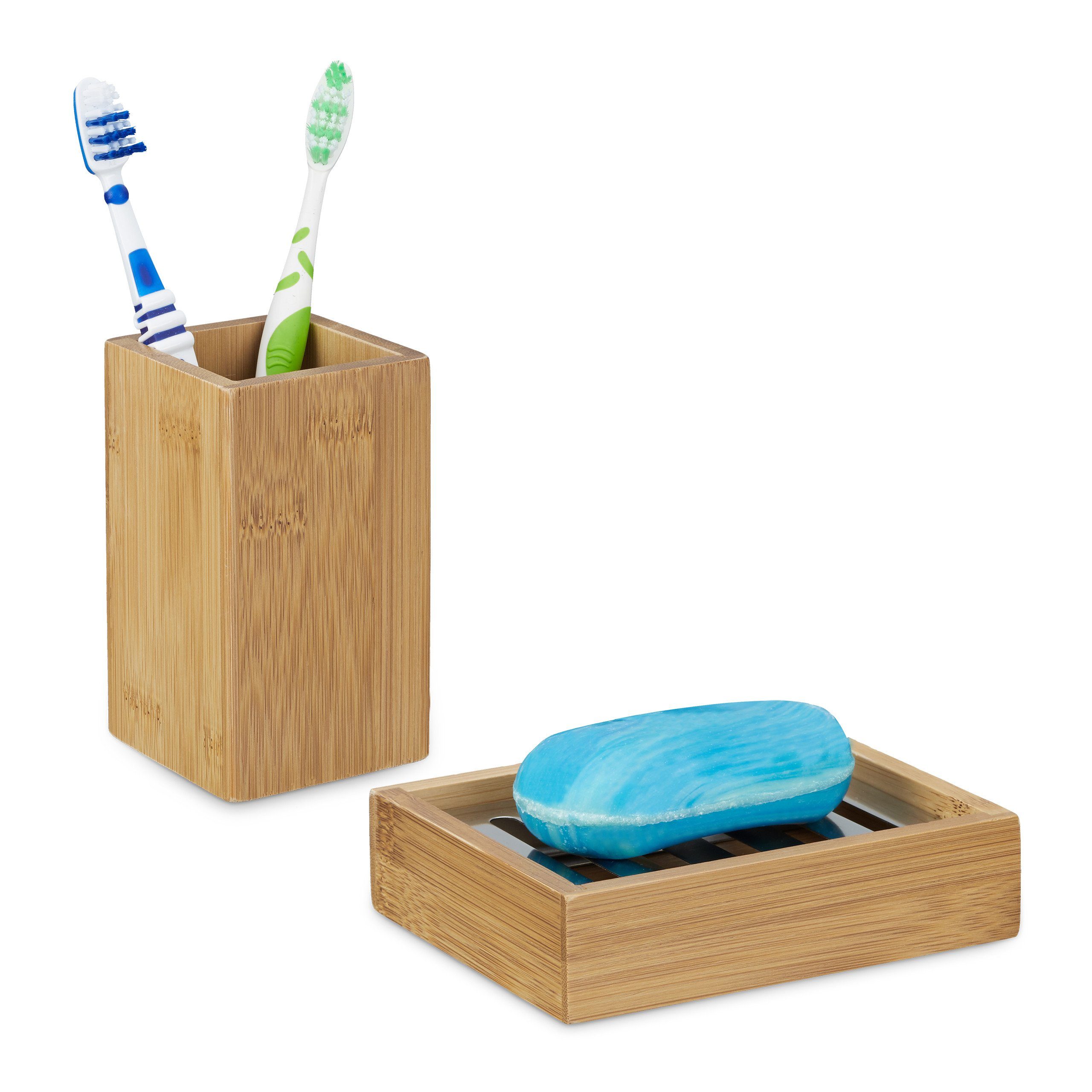 relaxdays Badaccessoire-Set 2 tlg. Badutensilien Set Bambus, Einfach und  funktional: Becher zur Aufbewahrung von Zahnbürsten und Zahncremes