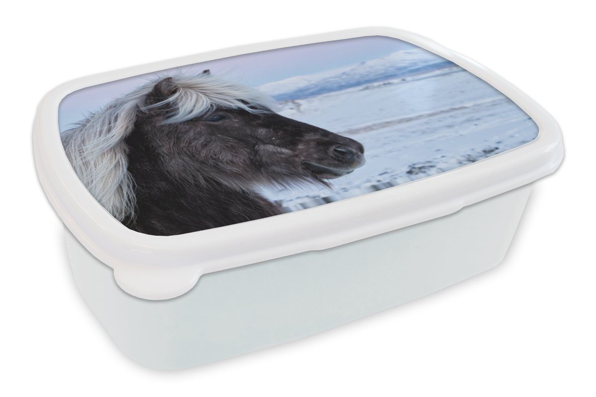 MuchoWow Lunchbox Pferd - Schnee - Island, Kunststoff, (2-tlg), Brotbox für Kinder und Erwachsene, Brotdose, für Jungs und Mädchen weiß