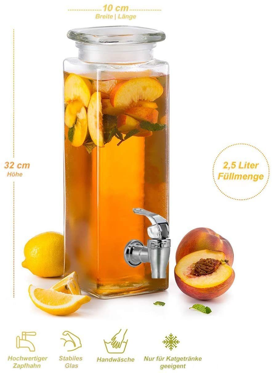 Getränkespender 2,5 Liter aus Glas, mit Zapfhahn, Retro Wasserspender, Limonadenspender, Saftspender, Bowle, Dispenser