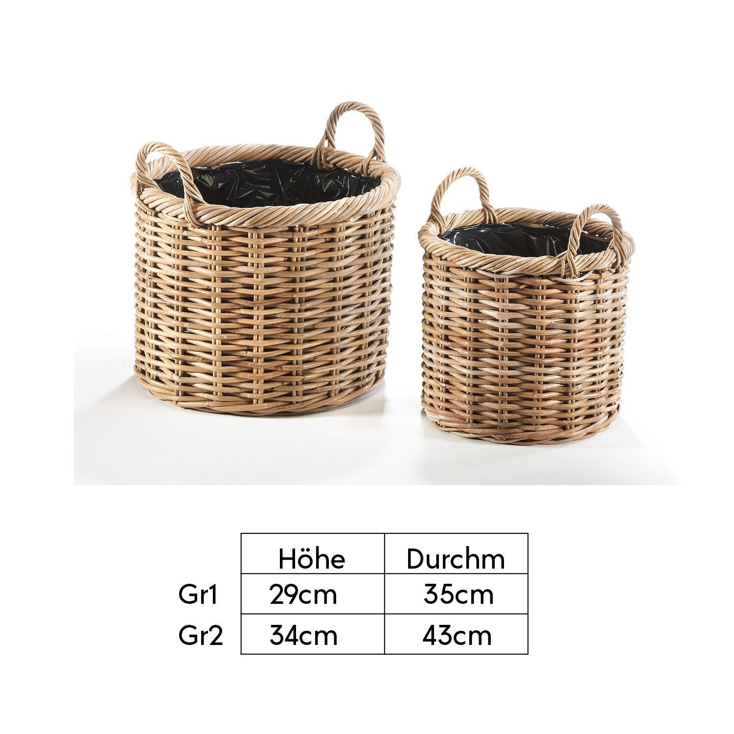 Kobolo Pflanzkübel Pflanzkorb Rattan - rund - mit Folie ausgeschlagen (2 Größen)