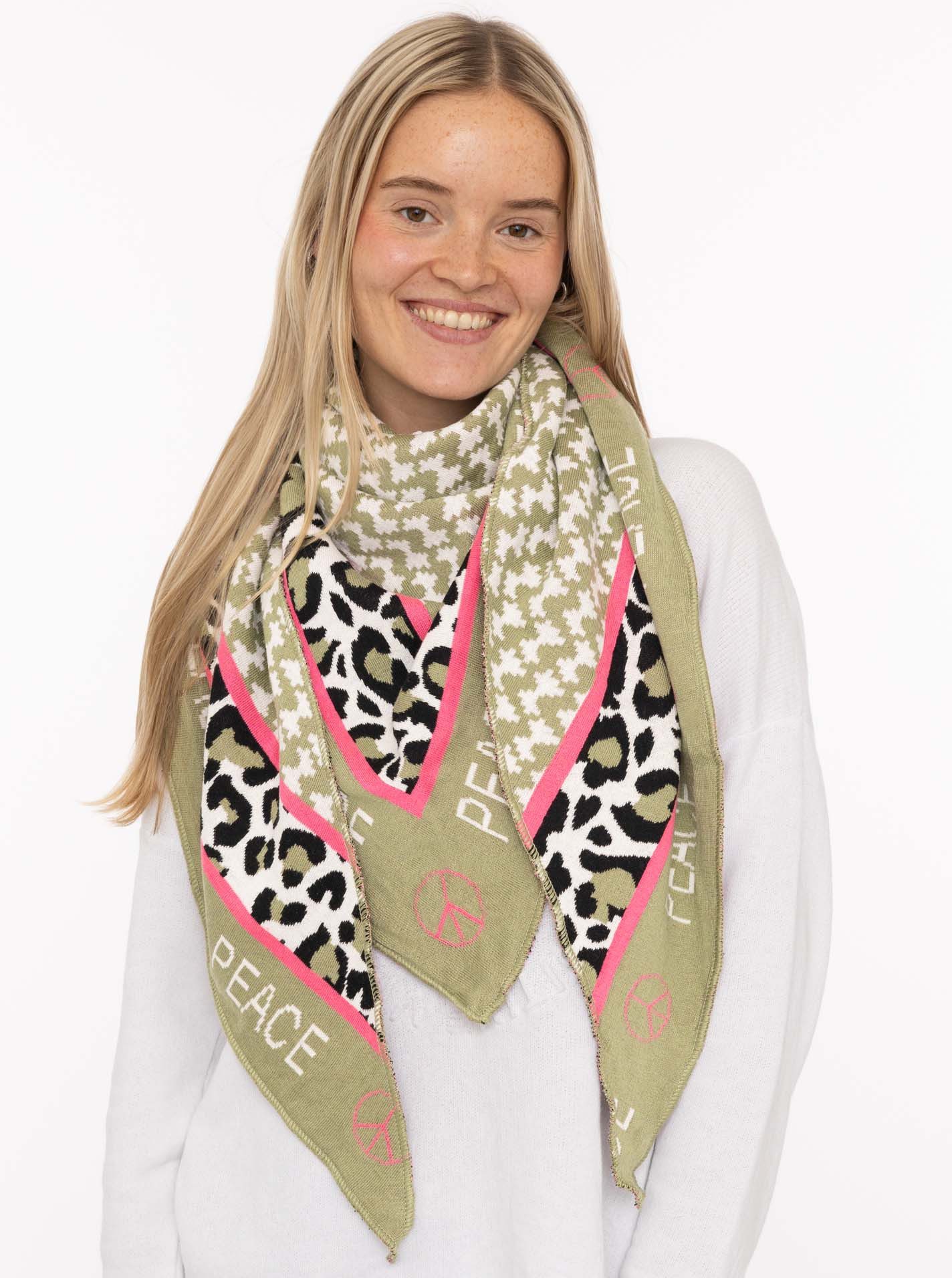 Zwillingsherz Dreieckstuch "Peace", Schriftzug und Leomuster, wärmend, Stri günstig online kaufen