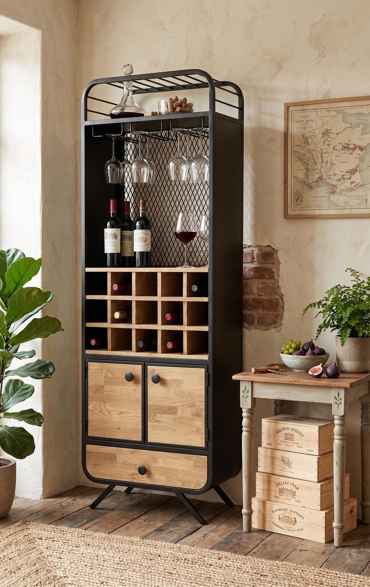 Xlmoebel Buffetaufsatz Rustikales Weinregal aus Holz und Metall für Flaschen und Gläser, Made in Europa