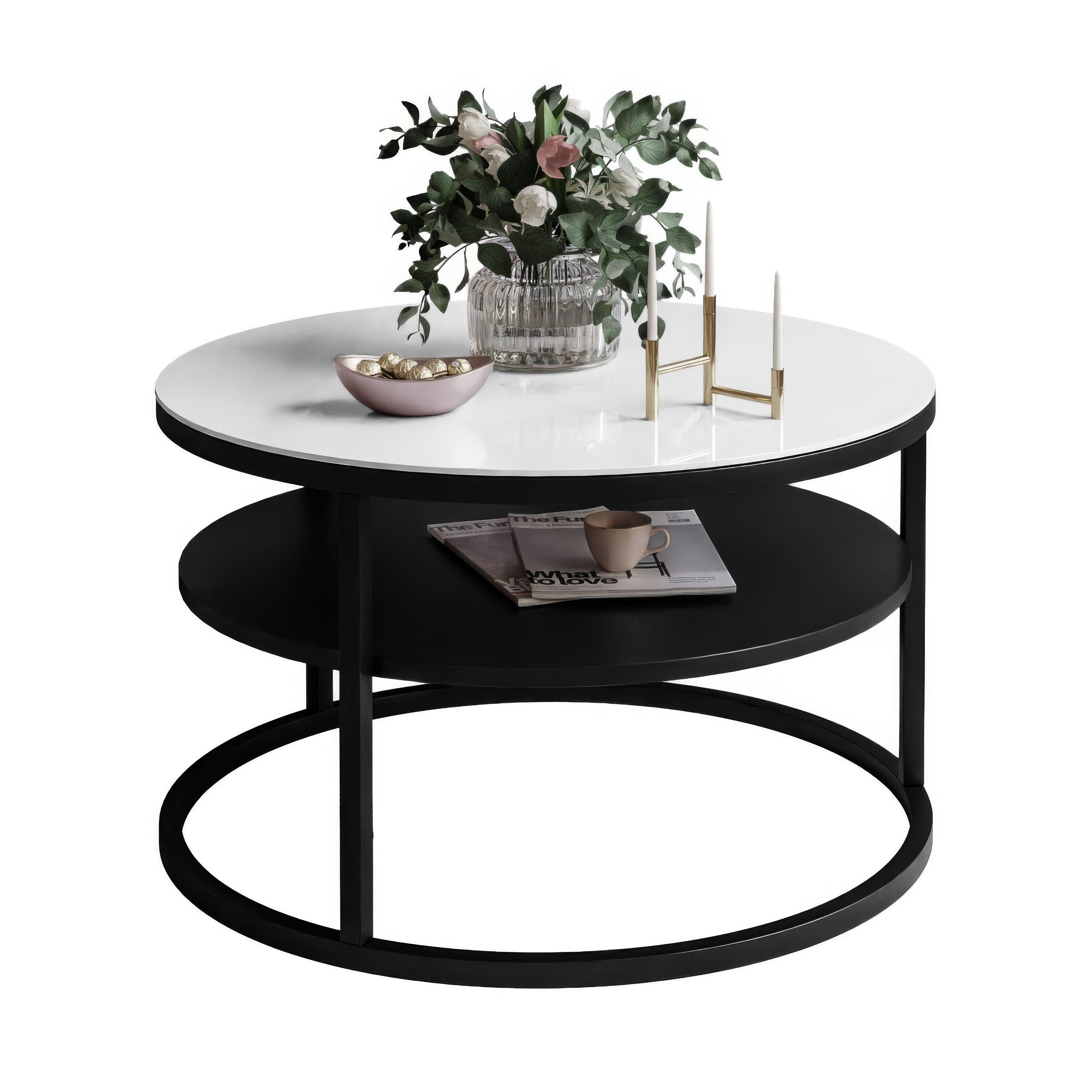 Lookway Couchtisch CIRI GLASS 60 mit schwarzem Gestell und Ablage (1 Tische), Durchmesser: ⌀ 60 cm, Höhe: 41 cm