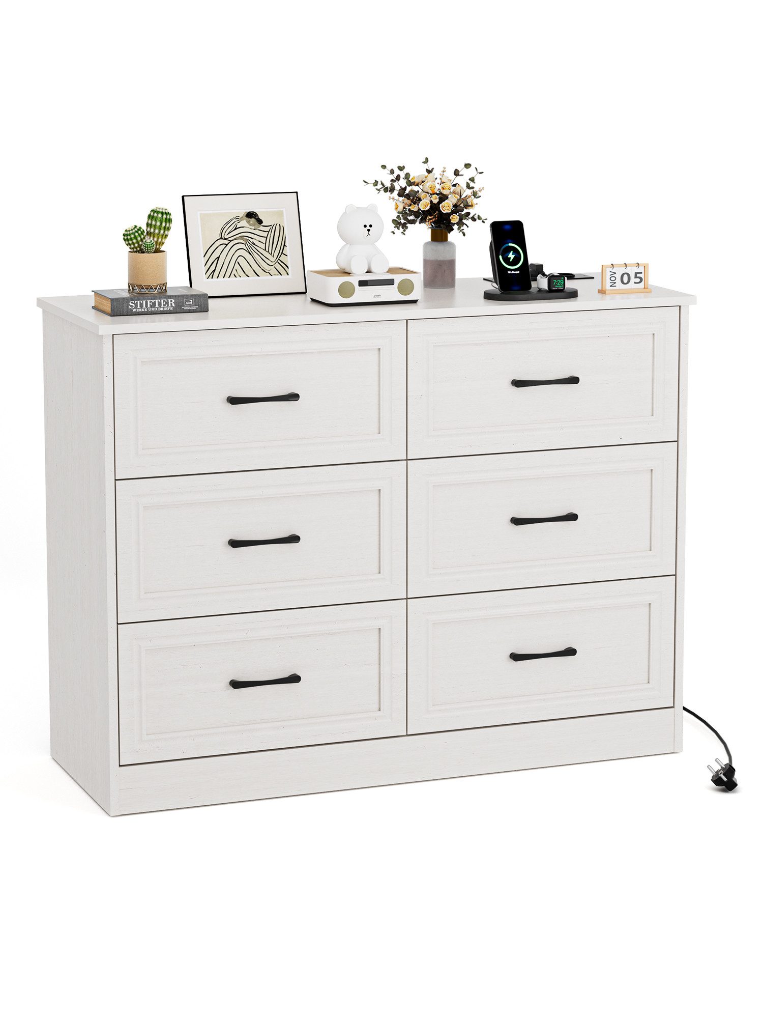 Sideboard Kommode mit Steckdosen, 6 Schubladen, 2 USB & 2 AC-Anschlüssen