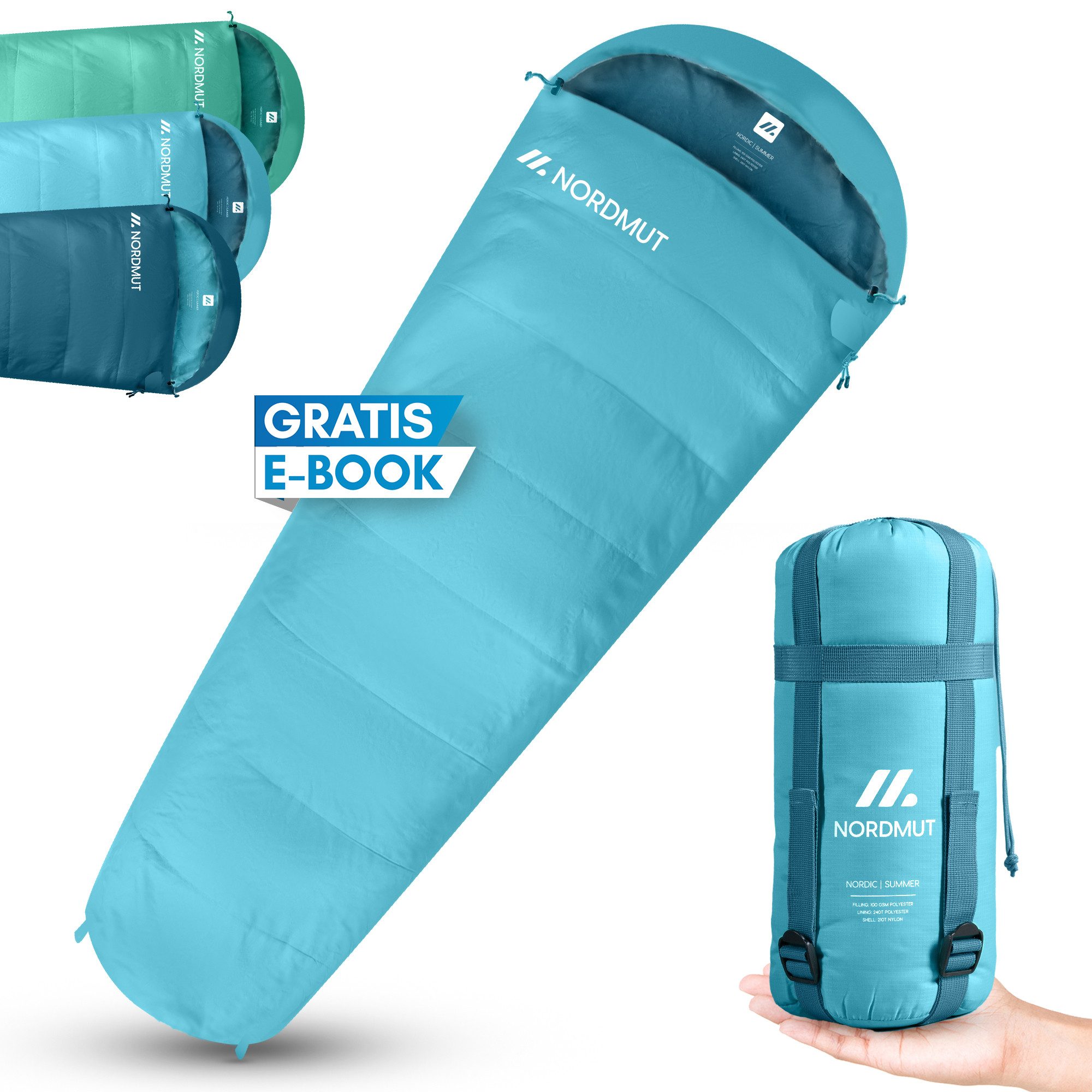 Nordmut Mumienschlafsack Sommerschlafsack Ultraleicht & kompakt [100 GSM] kleines Packmaß, Sleeping Bag koppelbar, [900g] ideal für Outdoor, Camping und Reisen