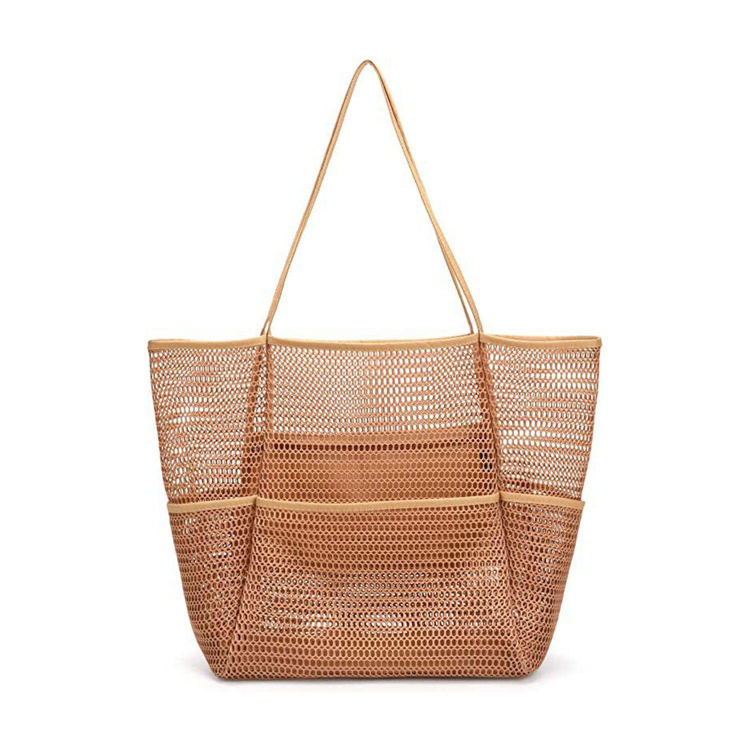 MAGICSHE Trachtentasche Netz-Strandtasche mit Innentasche mit Reißverschluss, zusammenklappbare Einkaufstasche Reisen für den Strand-Familienkäufer Khaki