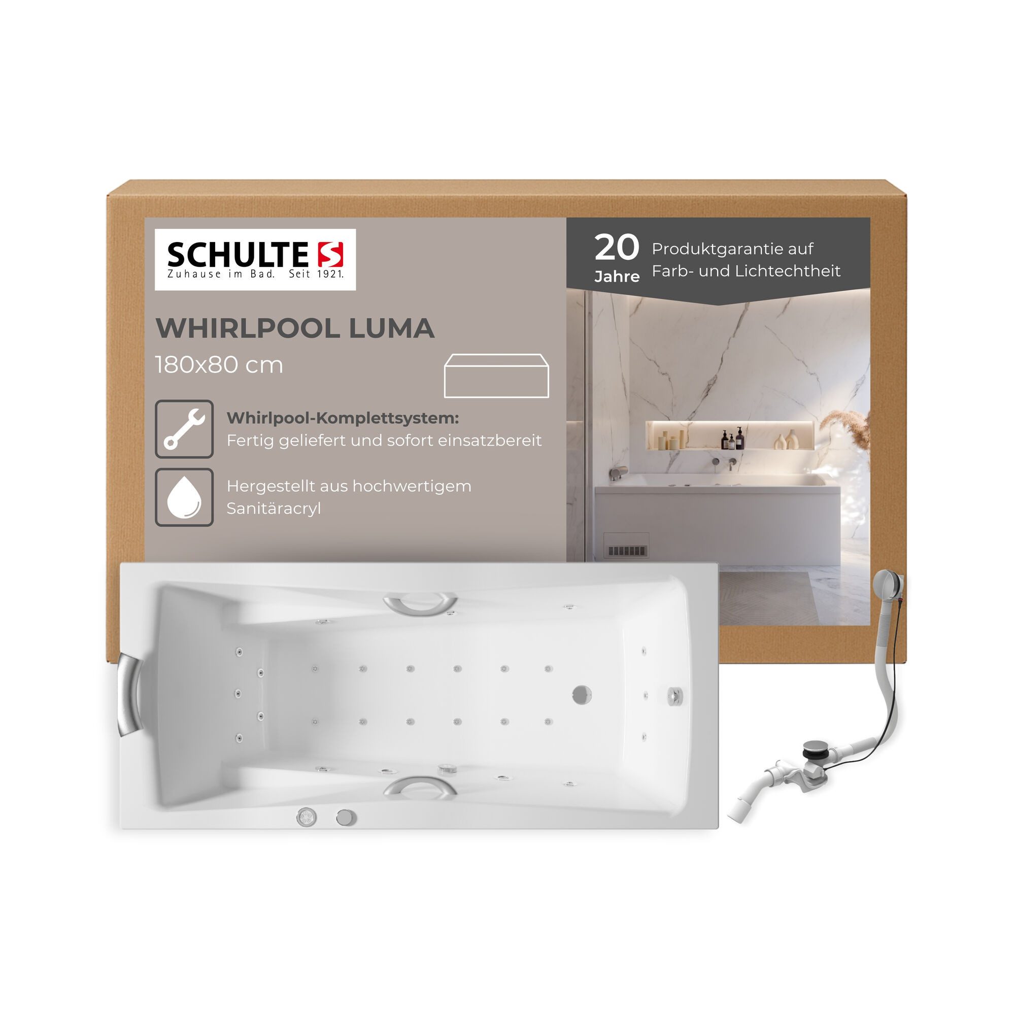 Schulte Whirlpool-Badewanne Luma, Sanitäracryl, Weiß, Größenauswahl, (Komplettsystem), Hydro-Jet Massage- und Luftsystem