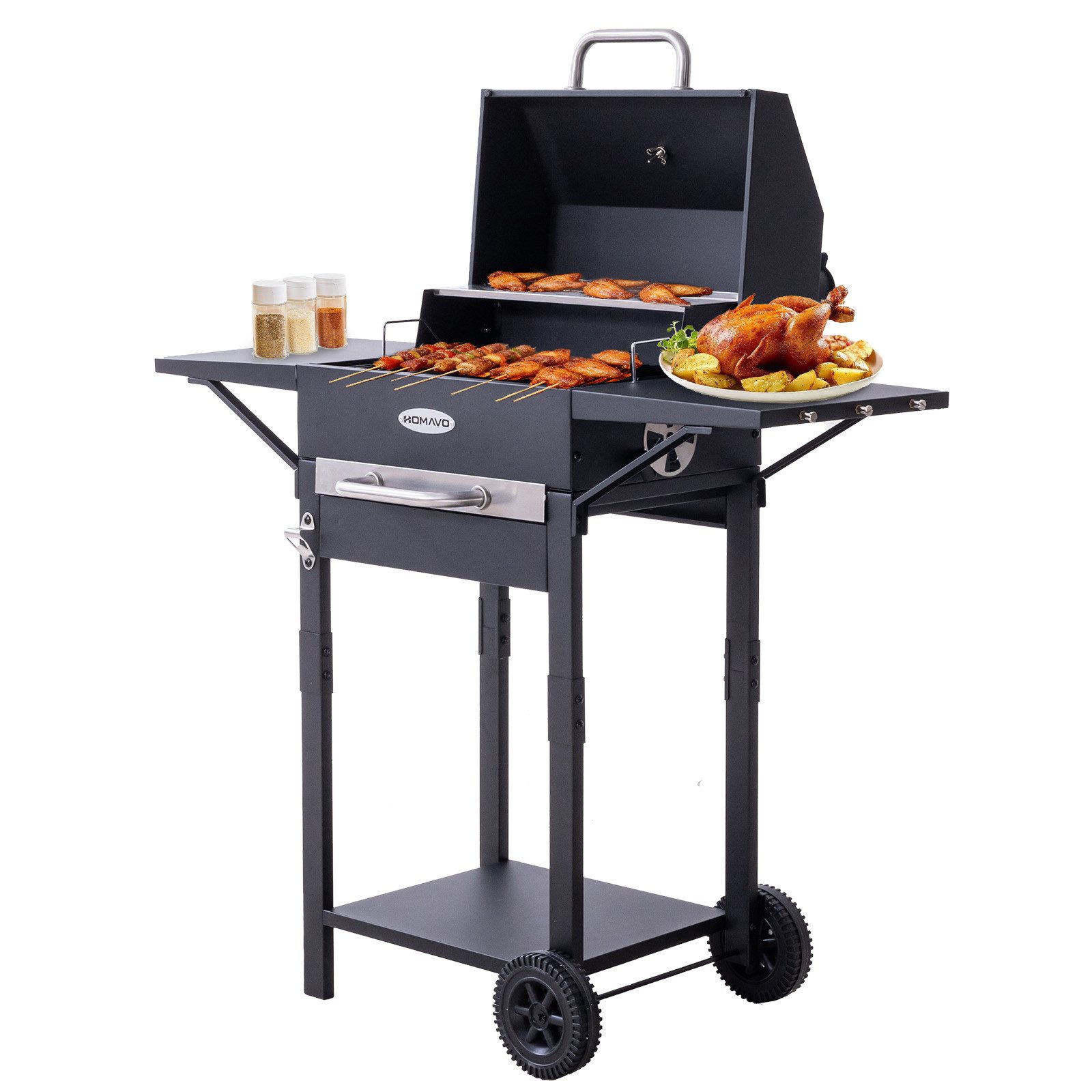 HOMAVO Holzkohlegrill mit Deckel, 2 Seitentische, Grillfläche: 45×32cm, höhenverstellbarer Grillrost mit 2 Stufen, optional mit Abdeckung