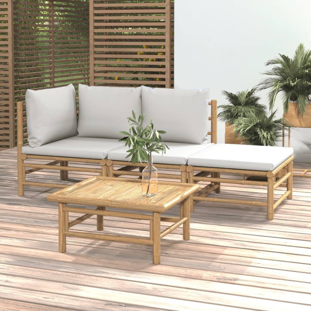 vidaXL Gartenlounge-Set 4-tlg. Garten-Lounge-Set mit Hellgrauen Kissen Bambus, (1-tlg)