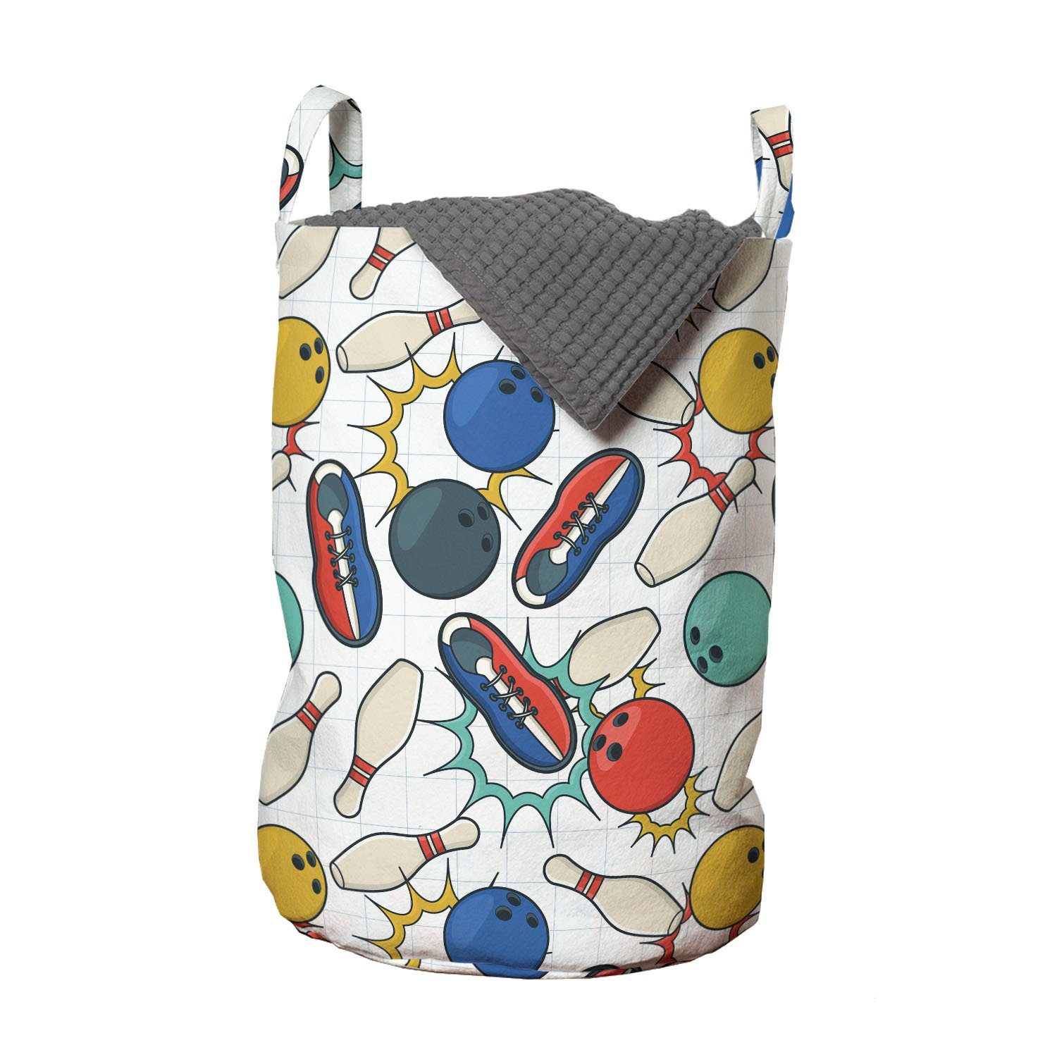 Abakuhaus Wäschesäckchen Wäschekorb mit Griffen Kordelzugverschluss für Waschsalons, Bowling Farbe Doodle Retro