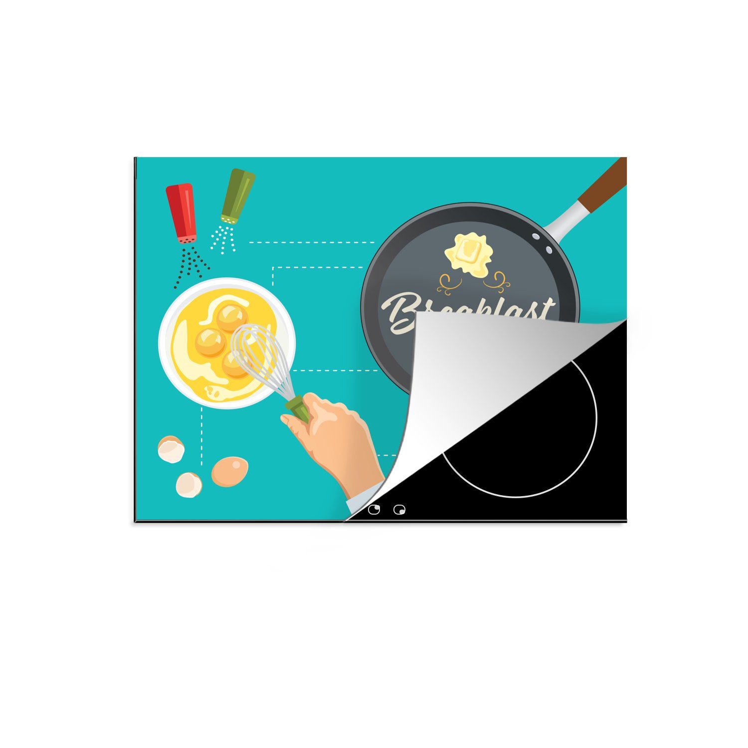 MuchoWow Herdblende-/Abdeckplatte Eine Illustration des Backens von Frühstück in einer Bratpfanne, Vinyl, (1 tlg), 70x52 cm, Mobile Arbeitsfläche nutzbar, Ceranfeldabdeckung
