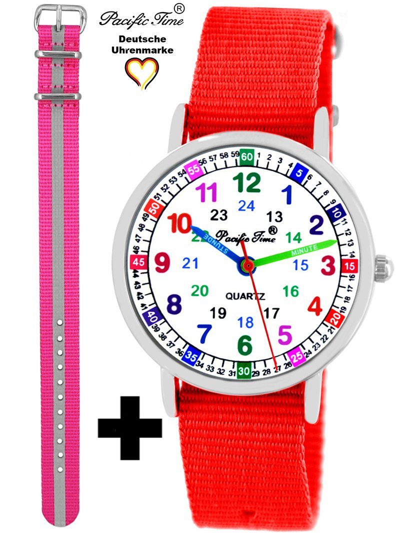 Pacific Time Quarzuhr Set Kinder Armbanduhr Lernuhr Wechselarmband, Mix und Match Design - Gratis Versand rot und reflektor pink