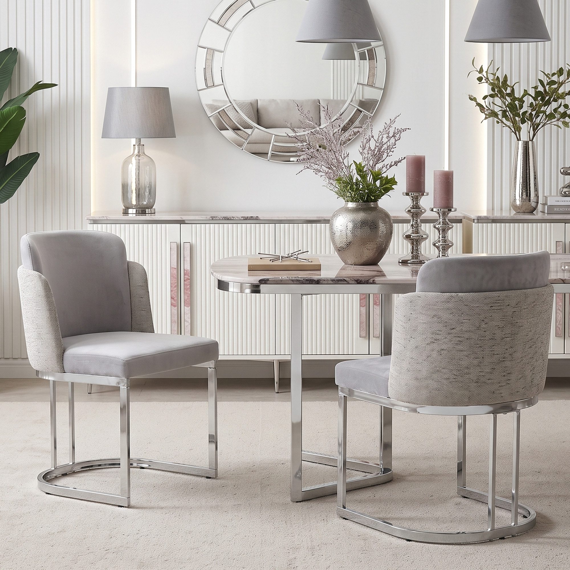OKWISH Esszimmerstuhl 2 Stühle mit Chenille-Bezug & Schaumstoff (Grau+Silber, 53,5×86×61,5 cm, für Esszimmer & Café, 1 St), doppelte Rückenlehne, goldene Beine
