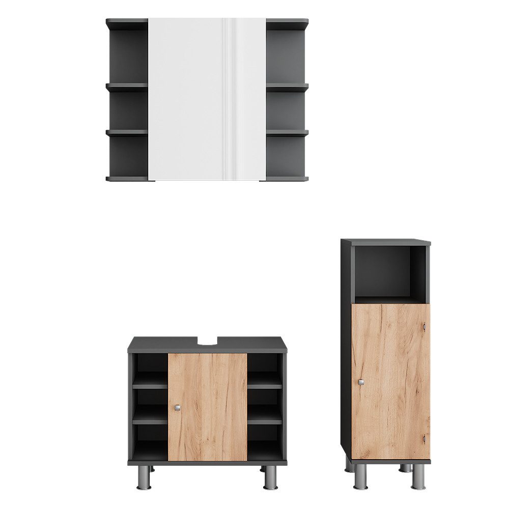 Vicco Badmöbel-Set Fynn, Anthrazit/Goldkraft Eiche, 3 Teile mit Midischrank, (3-St., 3er Set)
