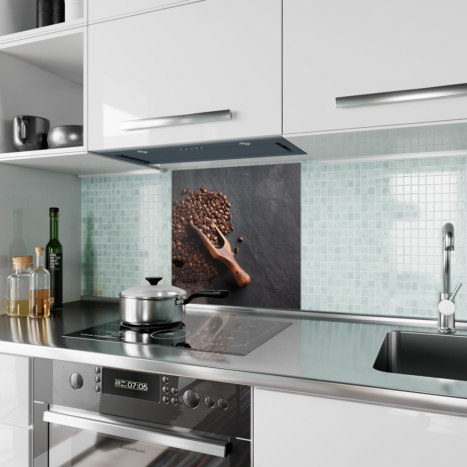 auf Küchenrückwand Küchenrückwand Spritzschutz Motiv Glas Stein Kaffeebohnen mit Primedeco