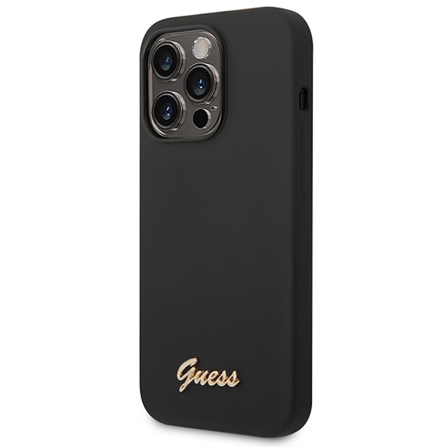 Guess Handyhülle Guess Apple iPhone 14 Pro Hard Case Silicone Vintage Gold Logo Schwarz