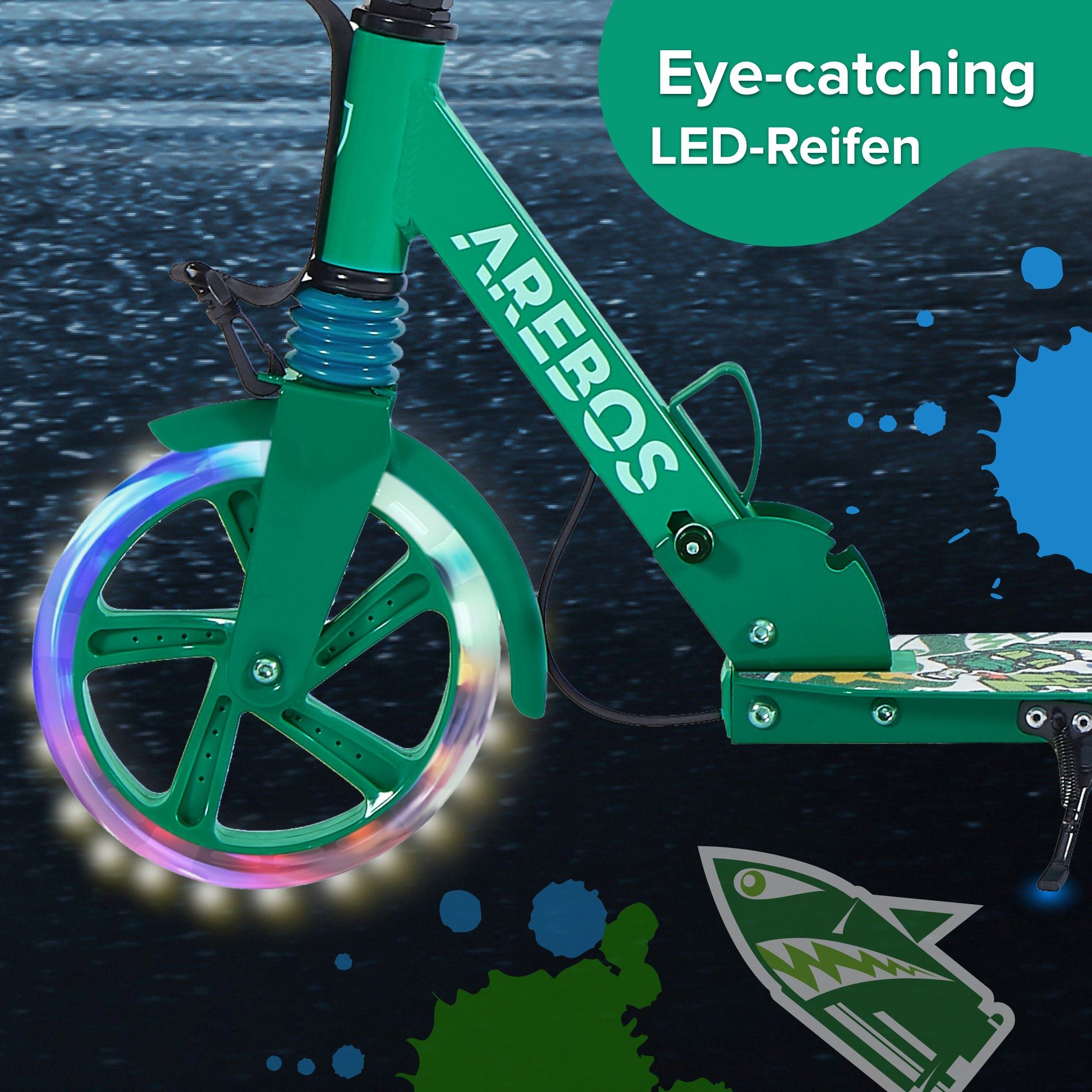 Arebos Tretroller LED-Reifen, faltbar, höhenverstellbar, inkl.Klinge l& Bremsen 100 kg, LED-Reifen: Leuchten während der Fahrt, für mehr Sichtbarkeit und Spaß