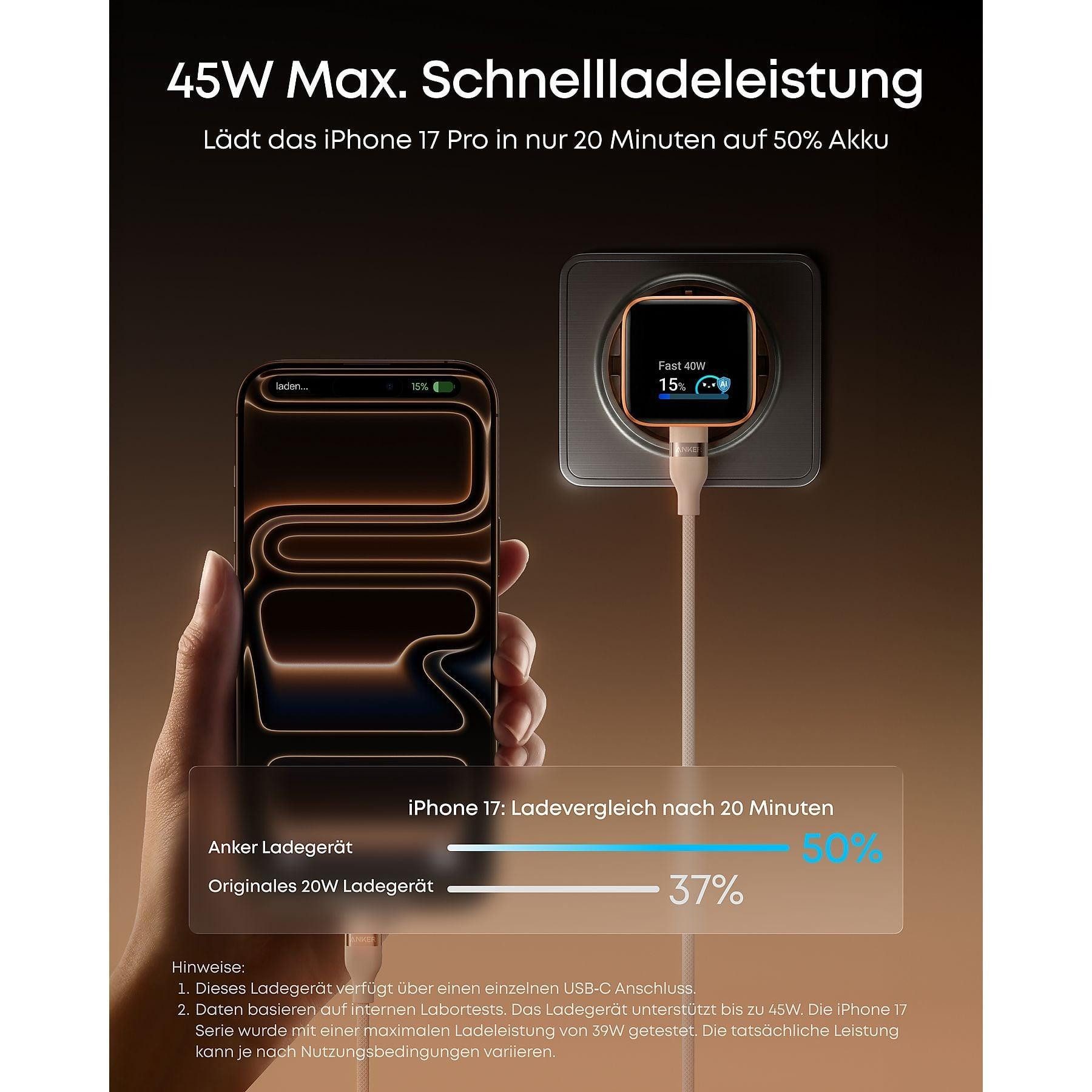 Anker Anker Nano Ladegerät 45W Ladestation (Kompakter 45W Akku mit Nano-Charcoal-Technologie)